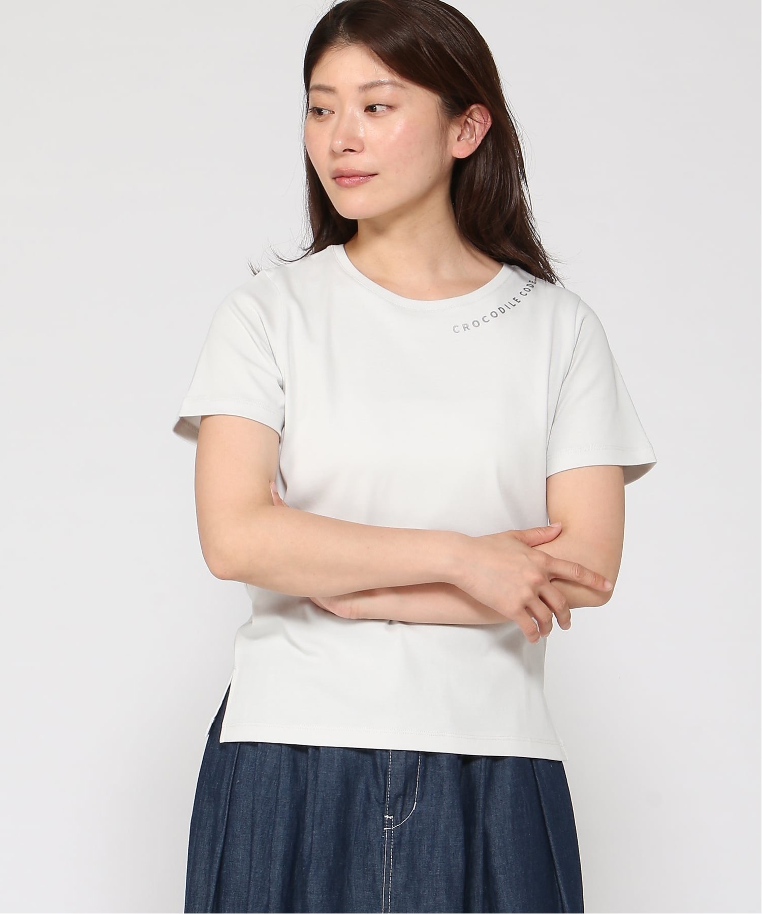 (W)ロゴプリント 半袖 Tシャツ クロコダイル トップス カットソー・Tシャツ パープル ホワイト