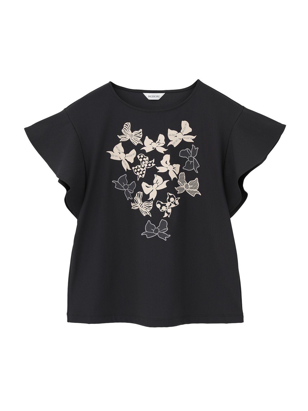 INGEBORG リボンワンポイントpt.フリルスリーブカットソー ピンクハウス トップス カットソー・Tシャツ ブラック ホワイト ブルー グレー