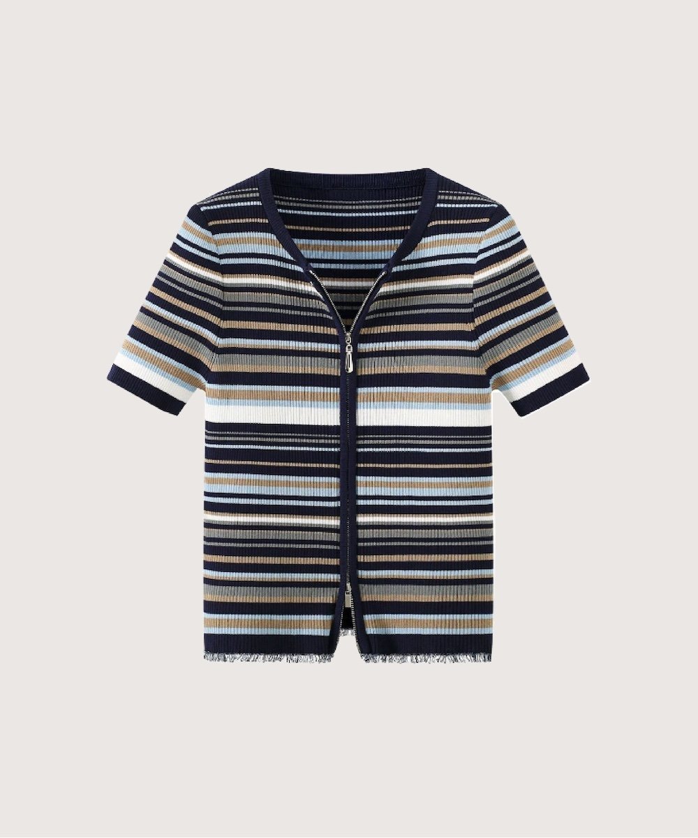 les fees love filles Vintage Stripe Design Zip Summer Knit ラポミ・プチ トップス カットソー・Tシャツ ブルー