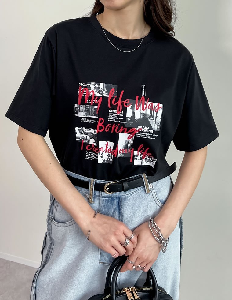 Re:EDIT コラージュフォトロゴTシャツ リエディ トップス カットソー・Tシャツ ブラック ホワイトのサムネイル