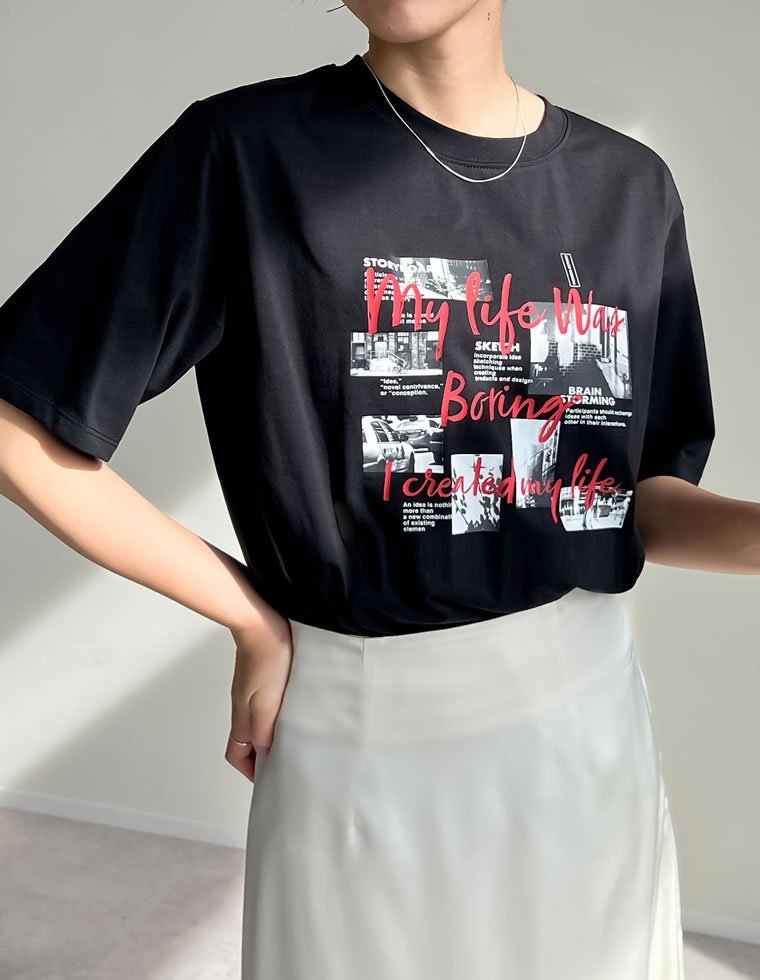 【SALE／35%OFF】Re:EDIT コラージュフォトロゴTシャツ リエディ トップス カットソー・Tシャツ ブラック ホワイト stylife-15052032 Rakuten Fashion サンプル画像3