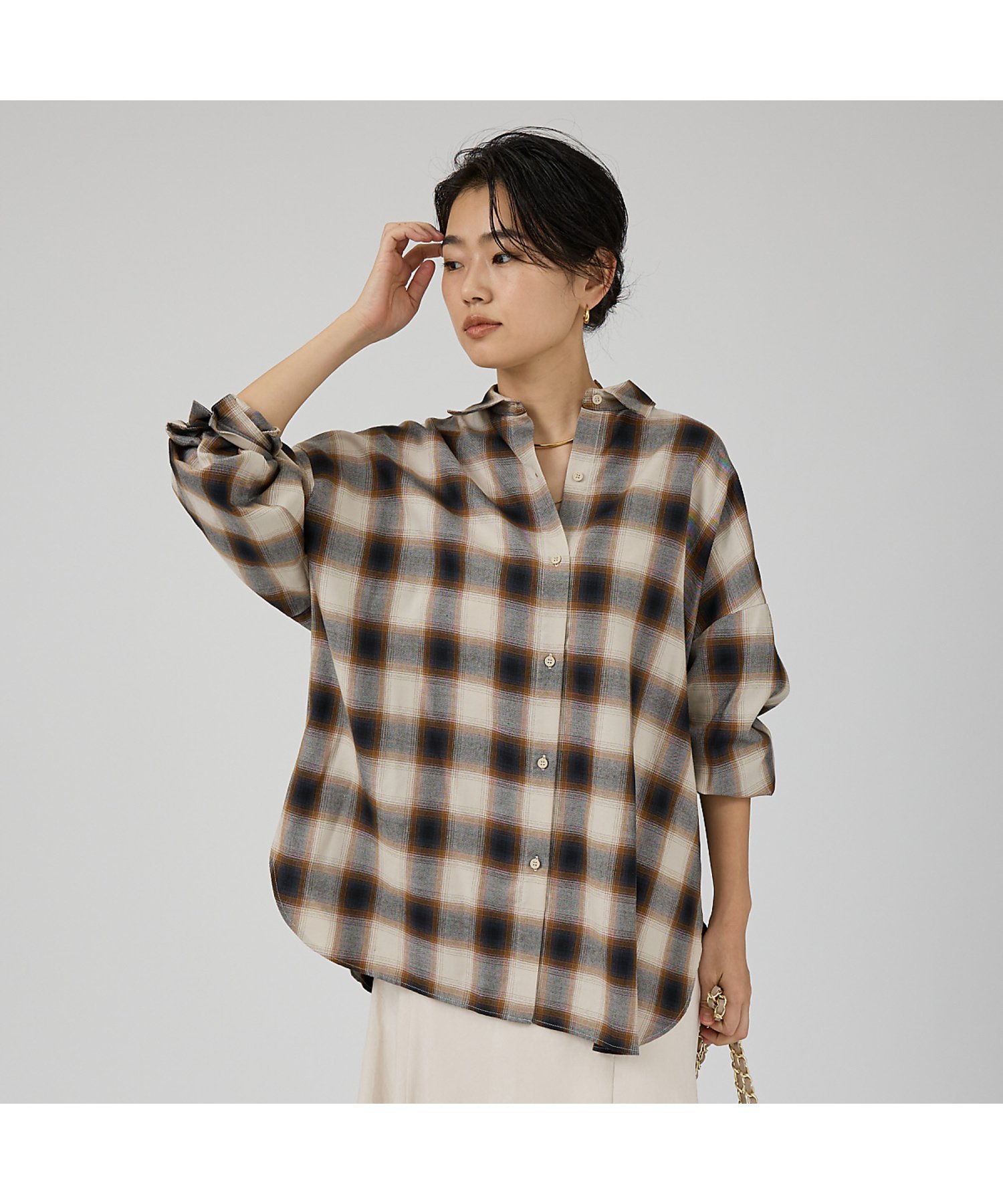 Rouge vif la cle オンブレーチェックオーバーシャツ ルージュ・ヴィフ ラクレ トップス シャツ・ブラウス ブラウン グレー