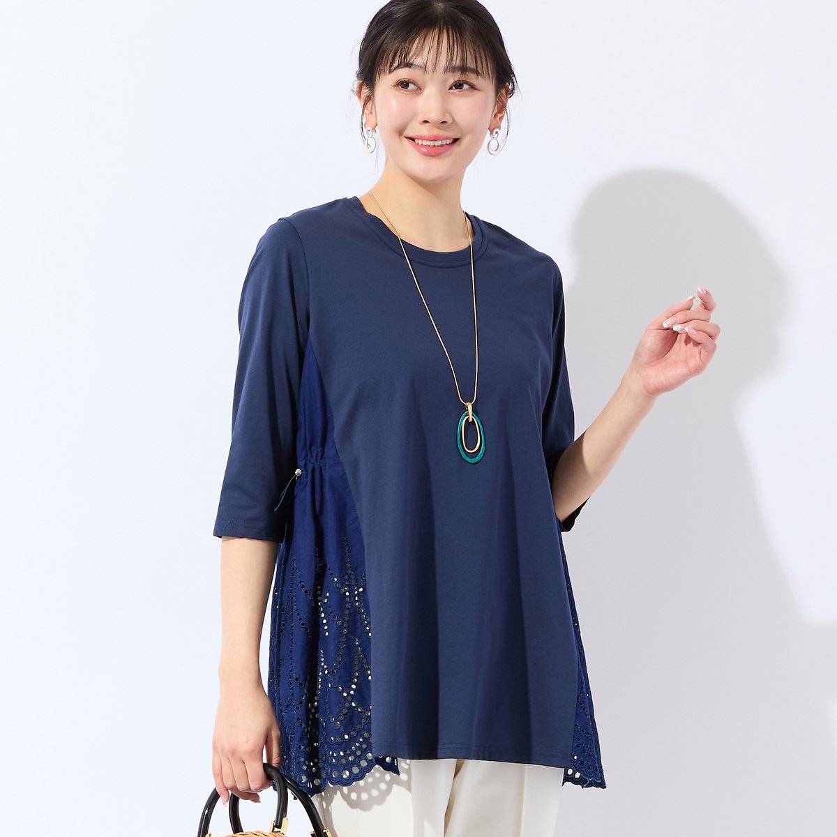 missel 【洗える・L~4Lサイズ】サイドスカラップチュニック ミゼール トップス カットソー・Tシャツ ネイビー ブルー