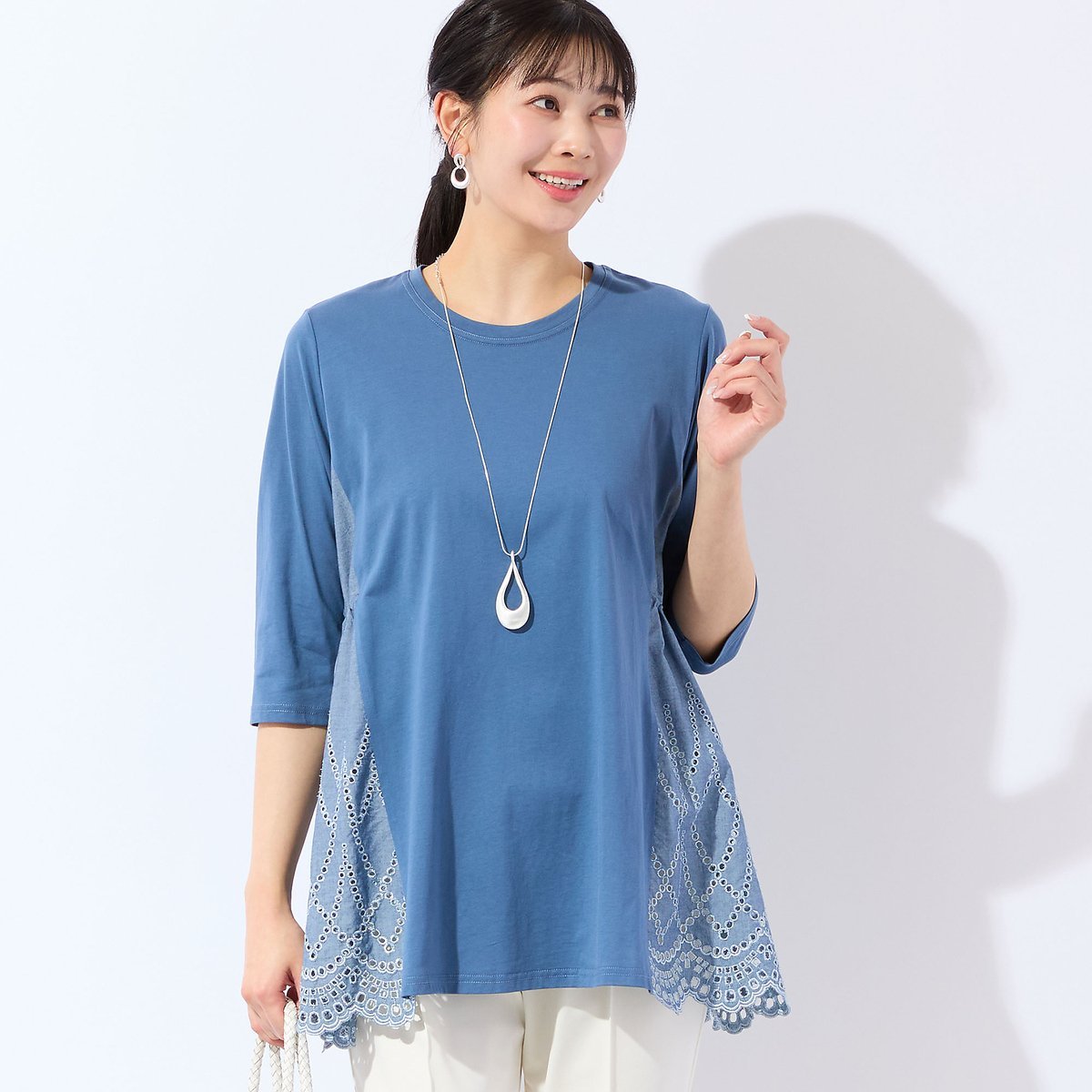 missel 【洗える・L~4Lサイズ】サイドスカラップチュニック ミゼール トップス カットソー・Tシャツ ネイビー ブルー