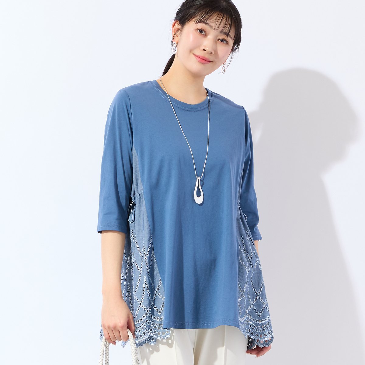 missel 【洗える・L~4Lサイズ】サイドスカラップチュニック ミゼール トップス カットソー・Tシャツ ネイビー ブルー