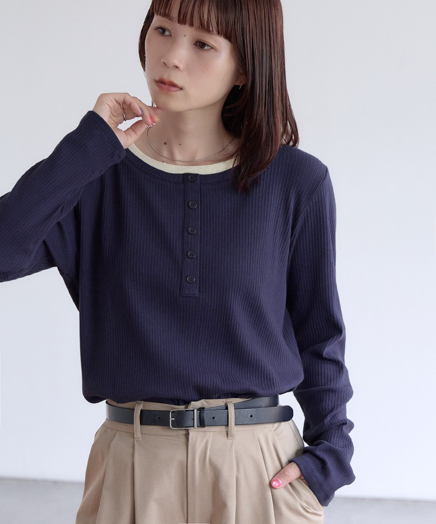 【WEB限定】リブヘンリーロングスリーブ ディスコート トップス カットソー・Tシャツ ホワイト ネイビー ブラック