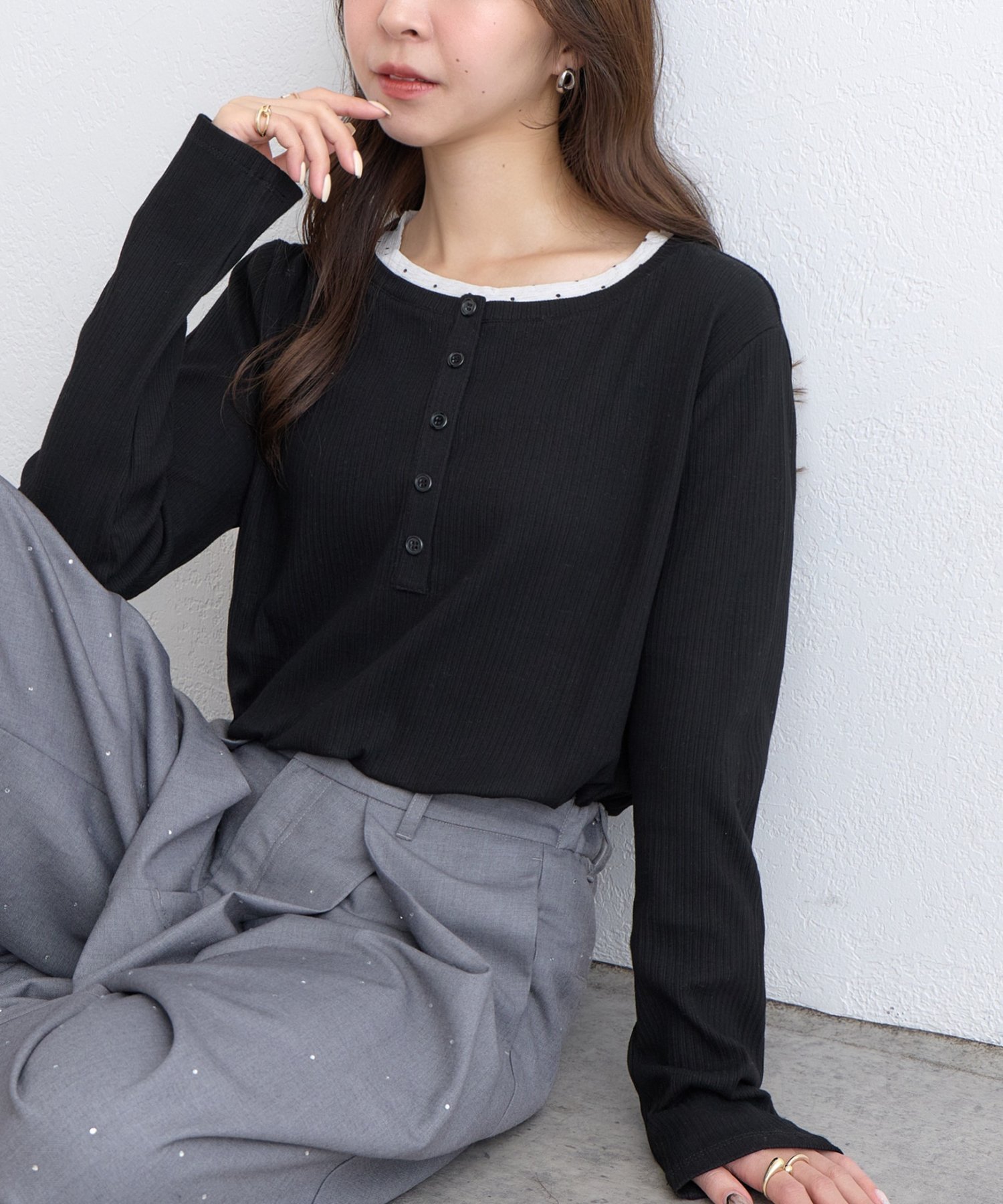 【WEB限定】リブヘンリーロングスリーブ ディスコート トップス カットソー・Tシャツ ホワイト ネイビー ブラック