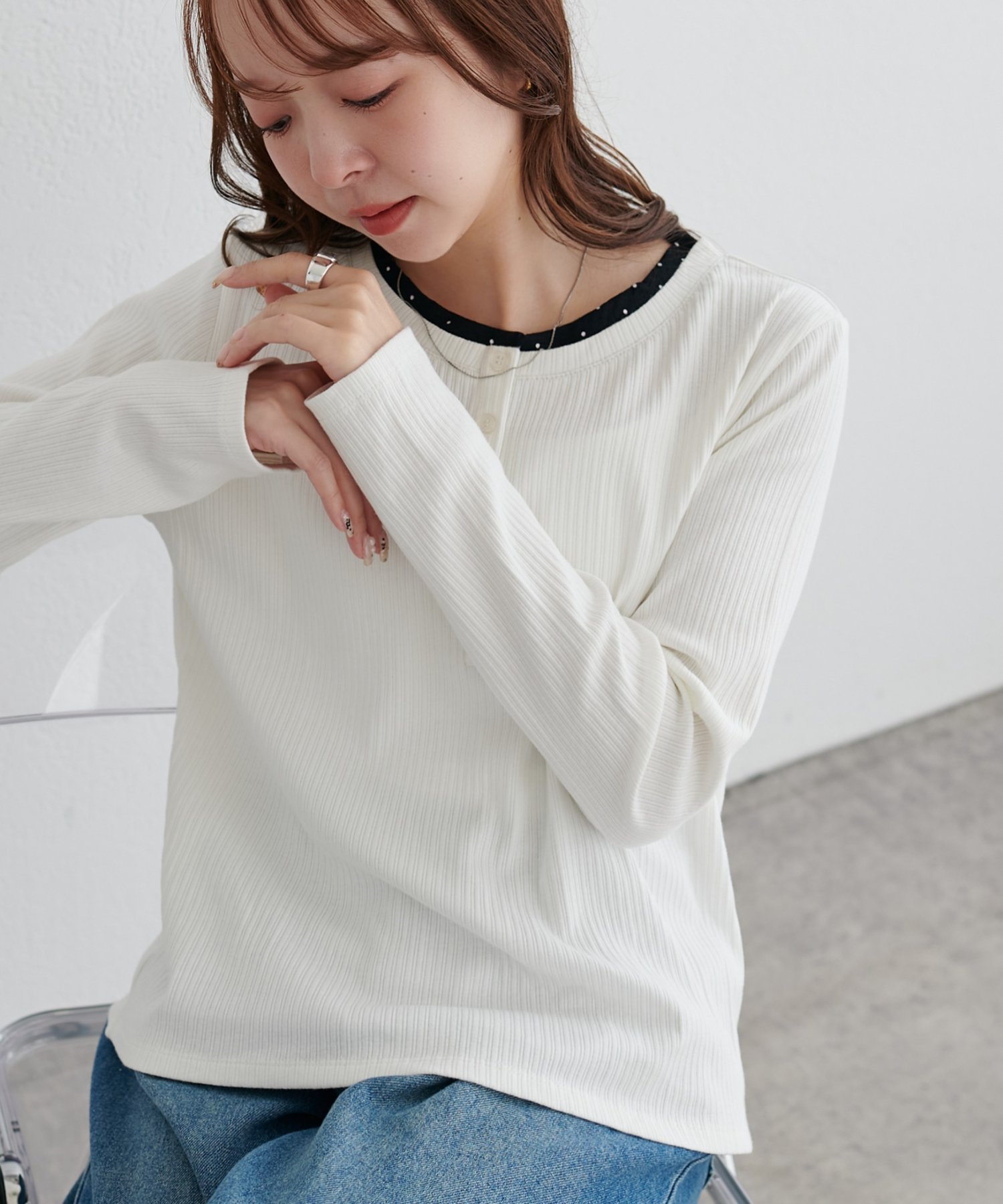 Discoat 【WEB限定】リブヘンリーロングスリーブ ディスコート トップス カットソー・Tシャツ ホワイト ネイビー ブラック【送料無料】