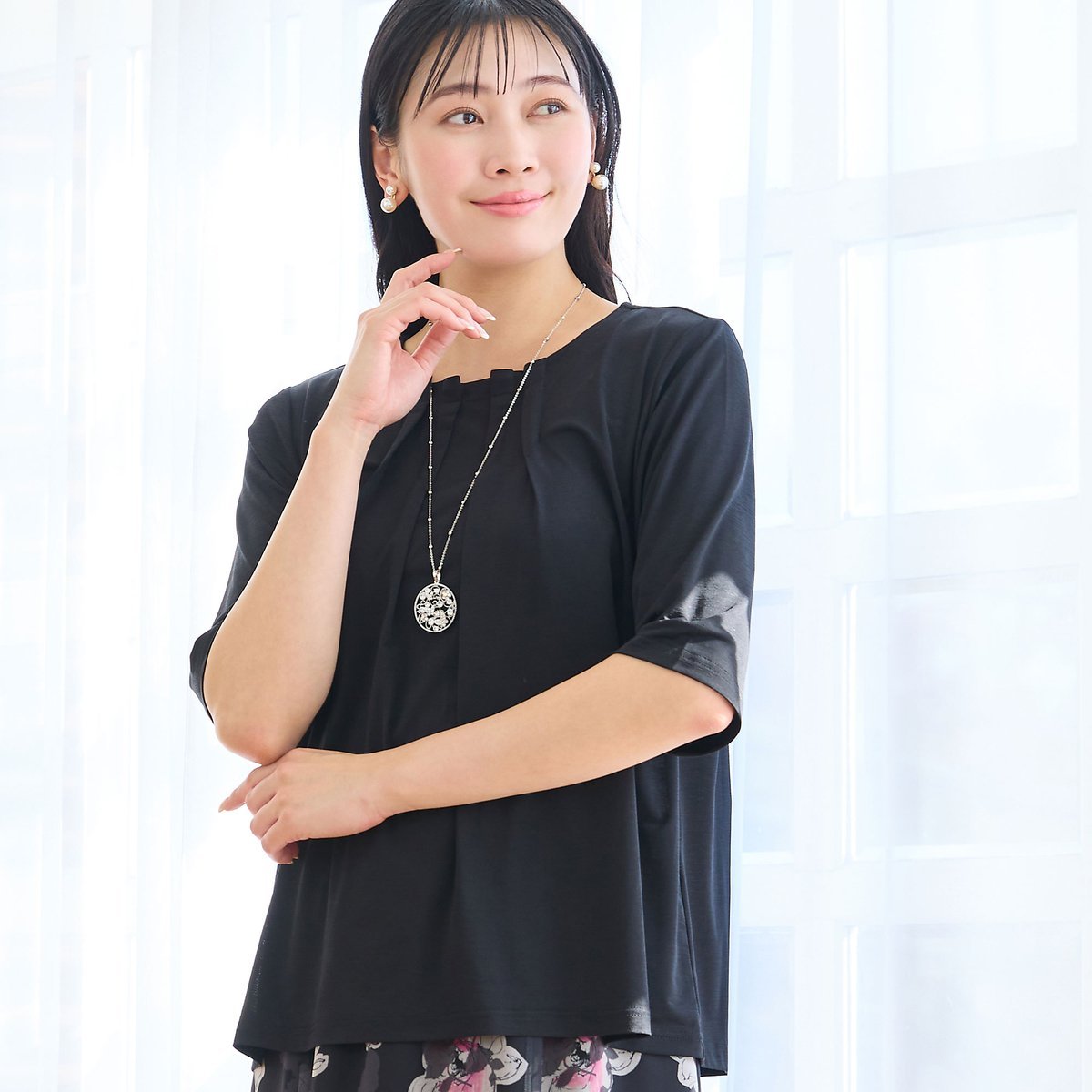 【SALE／10%OFF】missel 【洗える・L~4Lサイズ】フロントタックTシャツ ミゼール トップス カットソー・Tシャツ ブラック【送料無料】