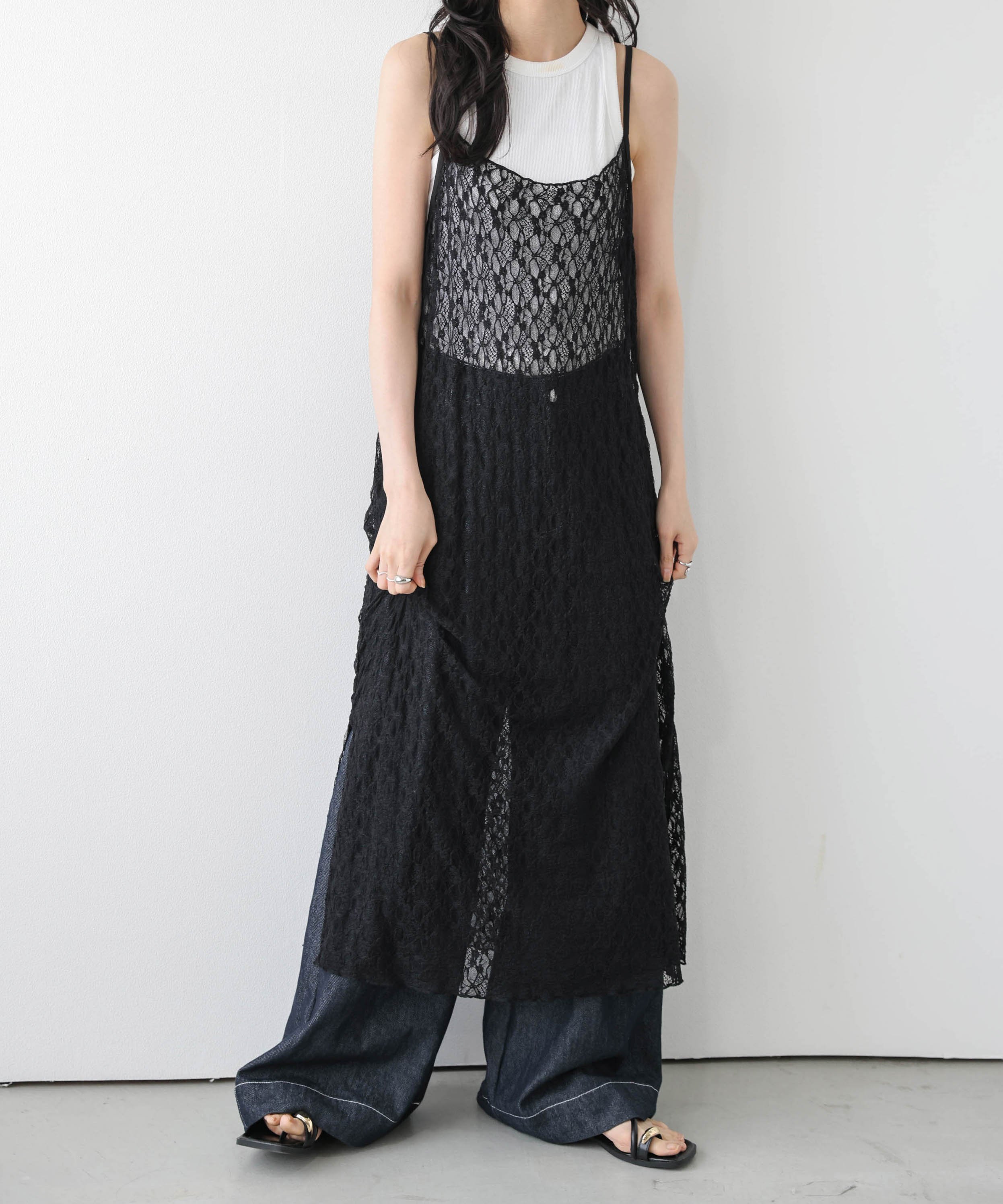 La-gemme フラワーレース キャミワンピース ラジュール ワンピース・ドレス その他のワンピース・ドレス ホワイト ブラック