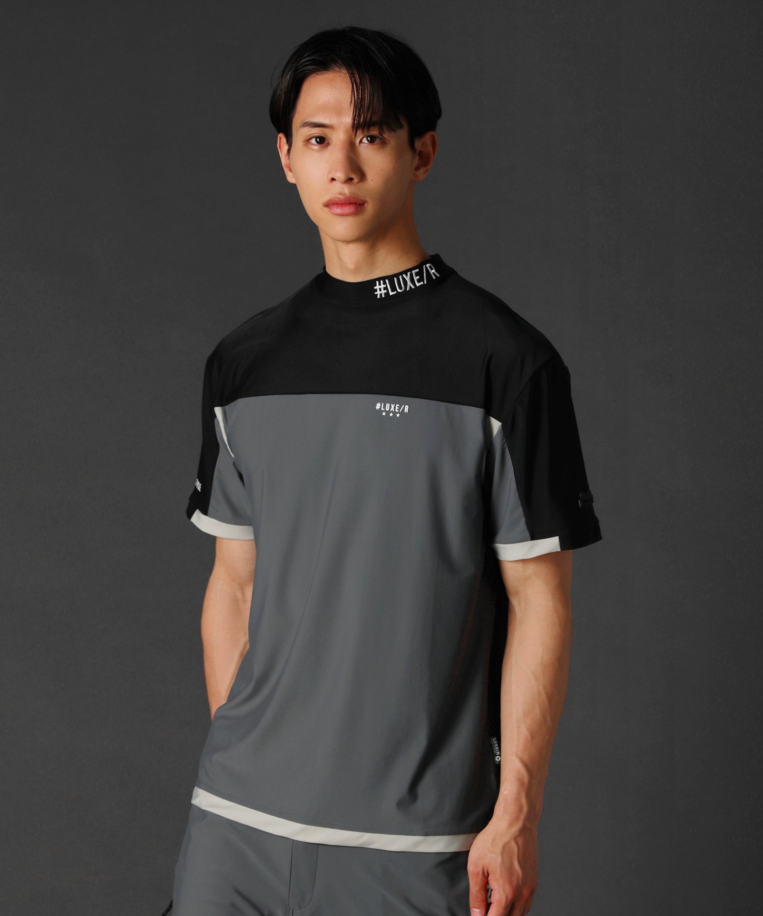 LUXE/R 接触冷感/吸水速乾スムースストレッチバイカラー切替デザインハイネック半袖カットソー GOLF カジュアル トップス カットソー・Tシャツ ネイビー ホワイト ベージュ ブラック【送料無料】