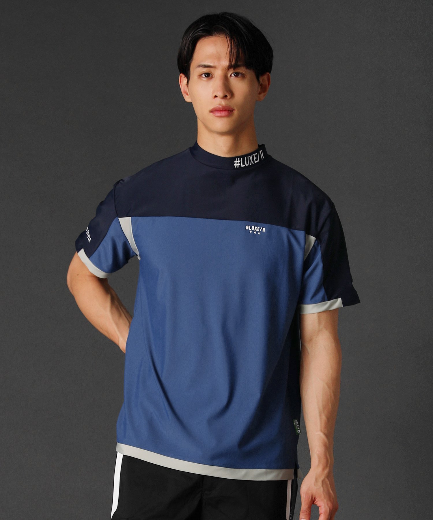 LUXE/R 接触冷感/吸水速乾スムースストレッチバイカラー切替デザインハイネック半袖カットソー GOLF カジュアル トップス カットソー・Tシャツ ネイビー ホワイト ベージュ ブラック【送料無料】