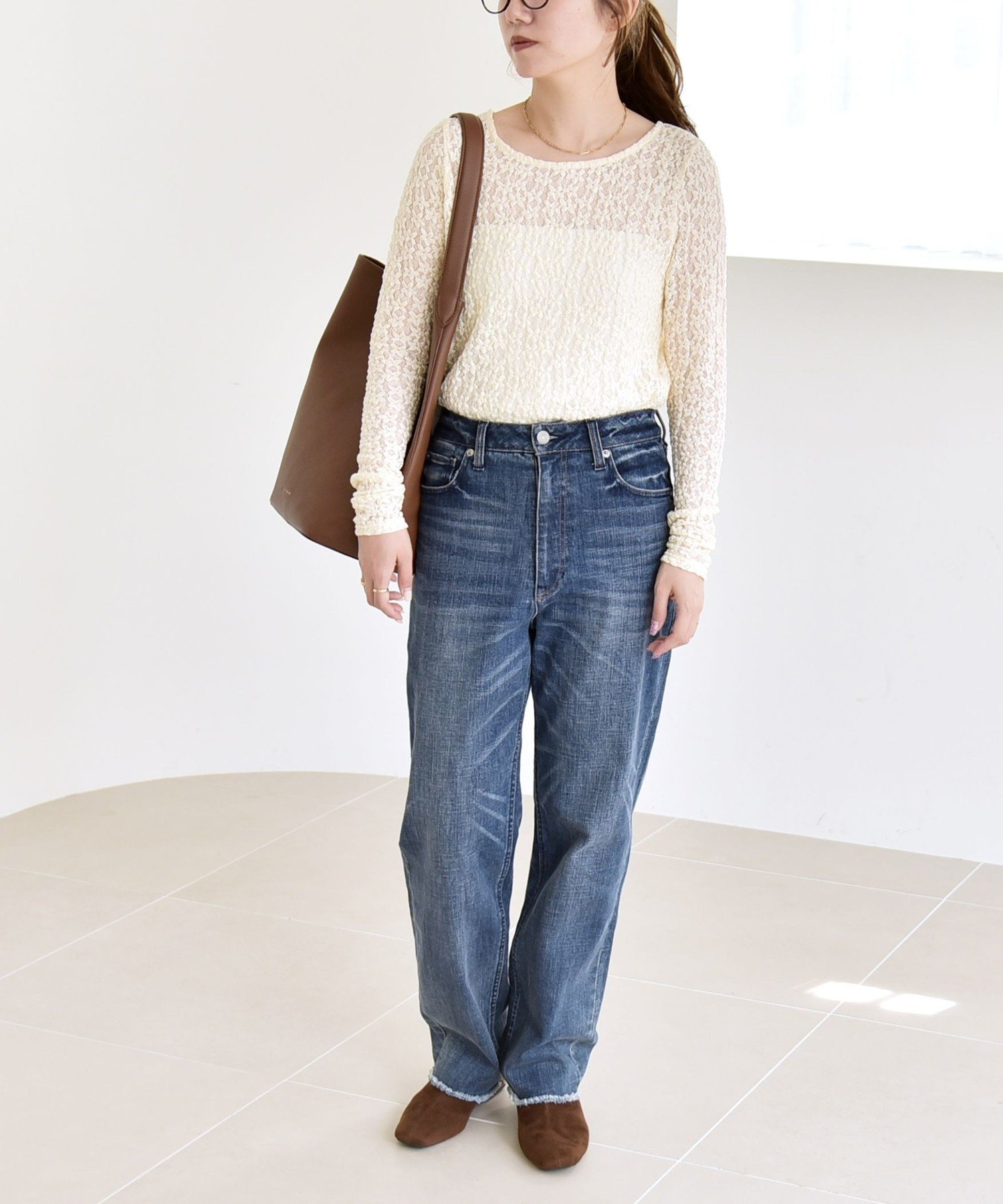 quaranciel quaranciel:＜手洗い可能＞フラワー レース ストレッチ クルーネック プルオーバー シップス トップス カットソー・Tシャツ ホワイト ブラック