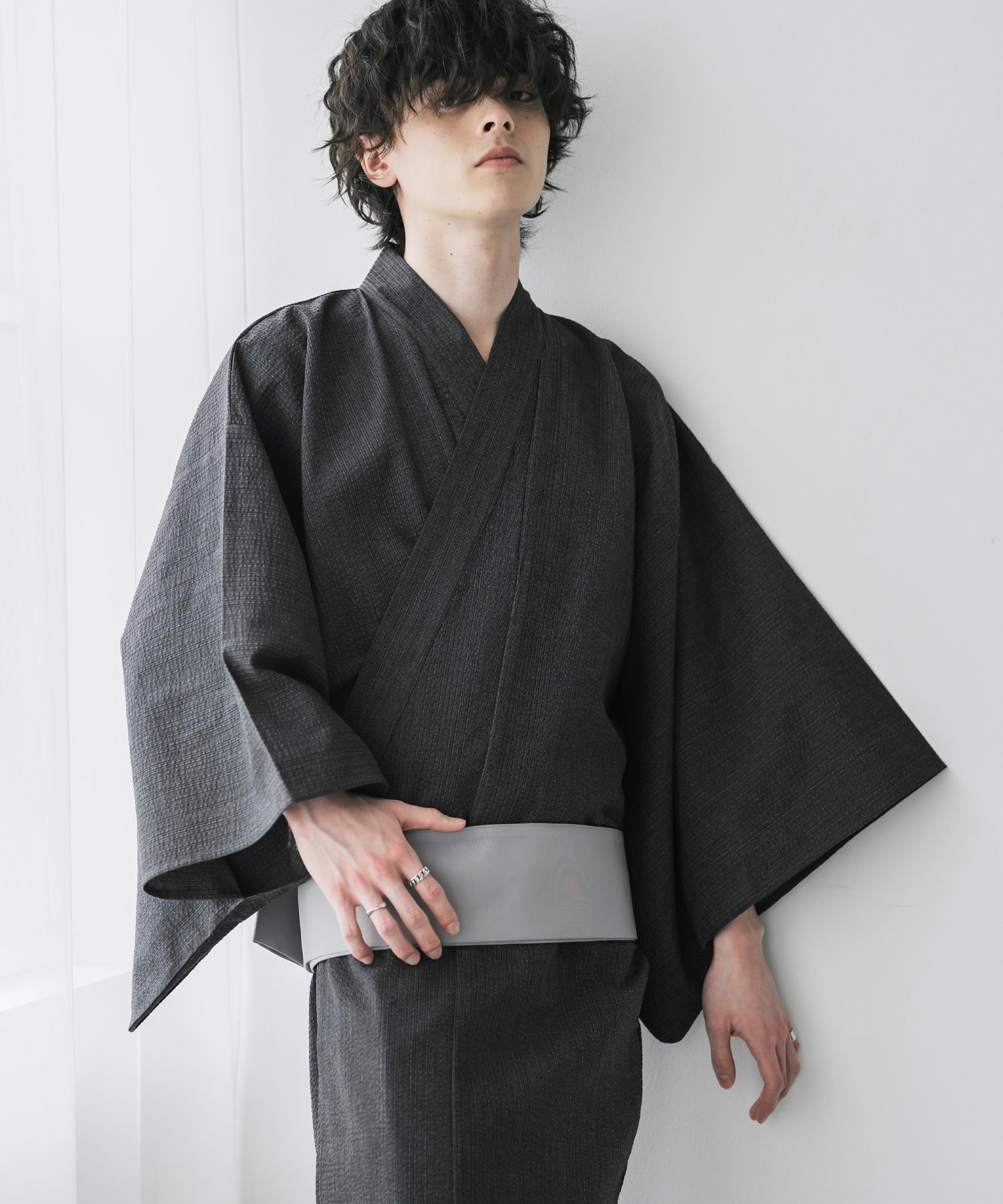 Rocky Monroe しじら織りワンタッチ帯付きメンズ浴衣 ロッキーモンロー 着物・浴衣・和装小物 浴衣 ブラック ホワイト ネイビー グレー ブラウン【送料無料】