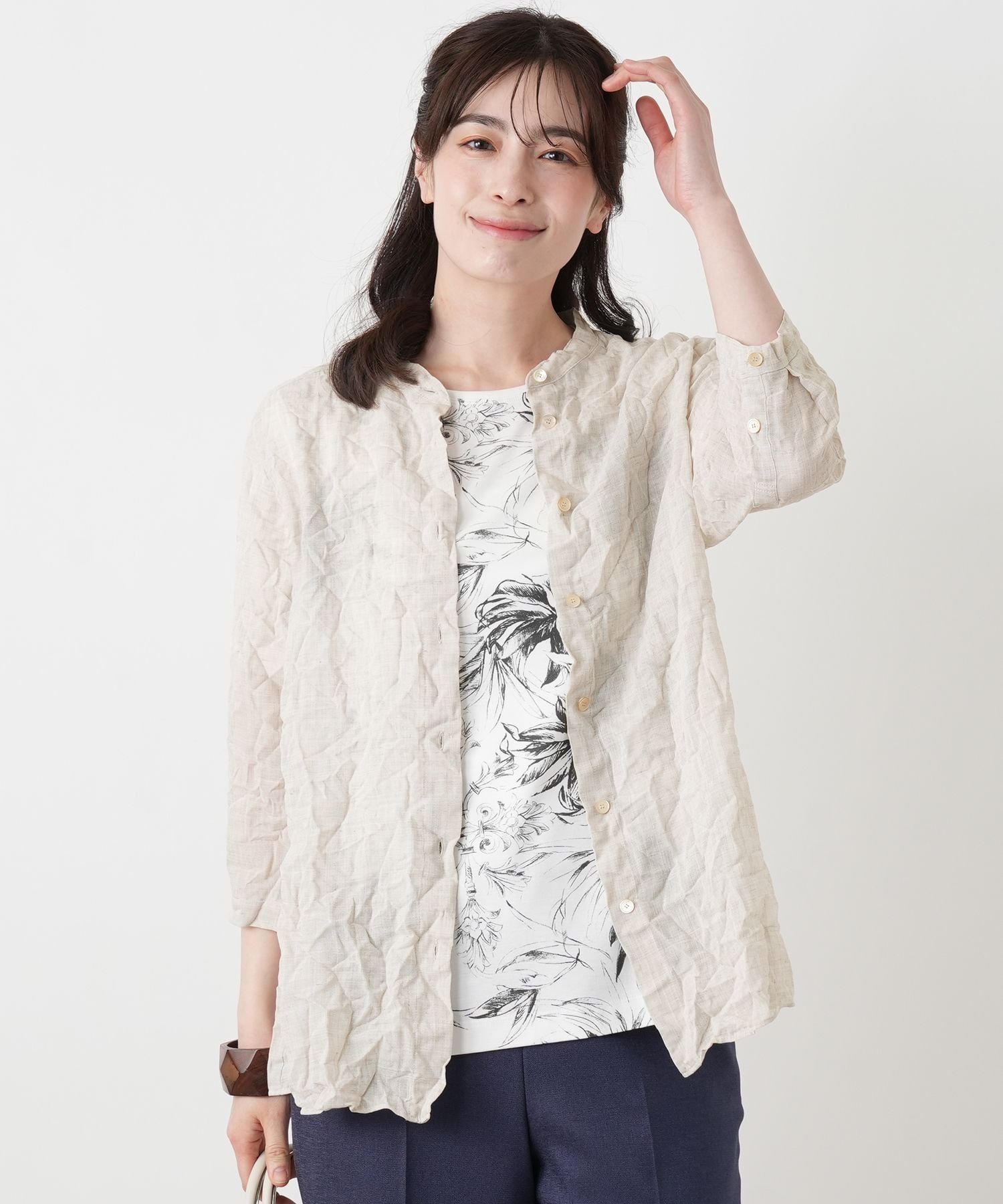 Leilian シワ加工バンドカラーブラウス【ROCHAS Premiere】 レリアン トップス シャツ・ブラウス ベージュ ネイビー【送料無料】