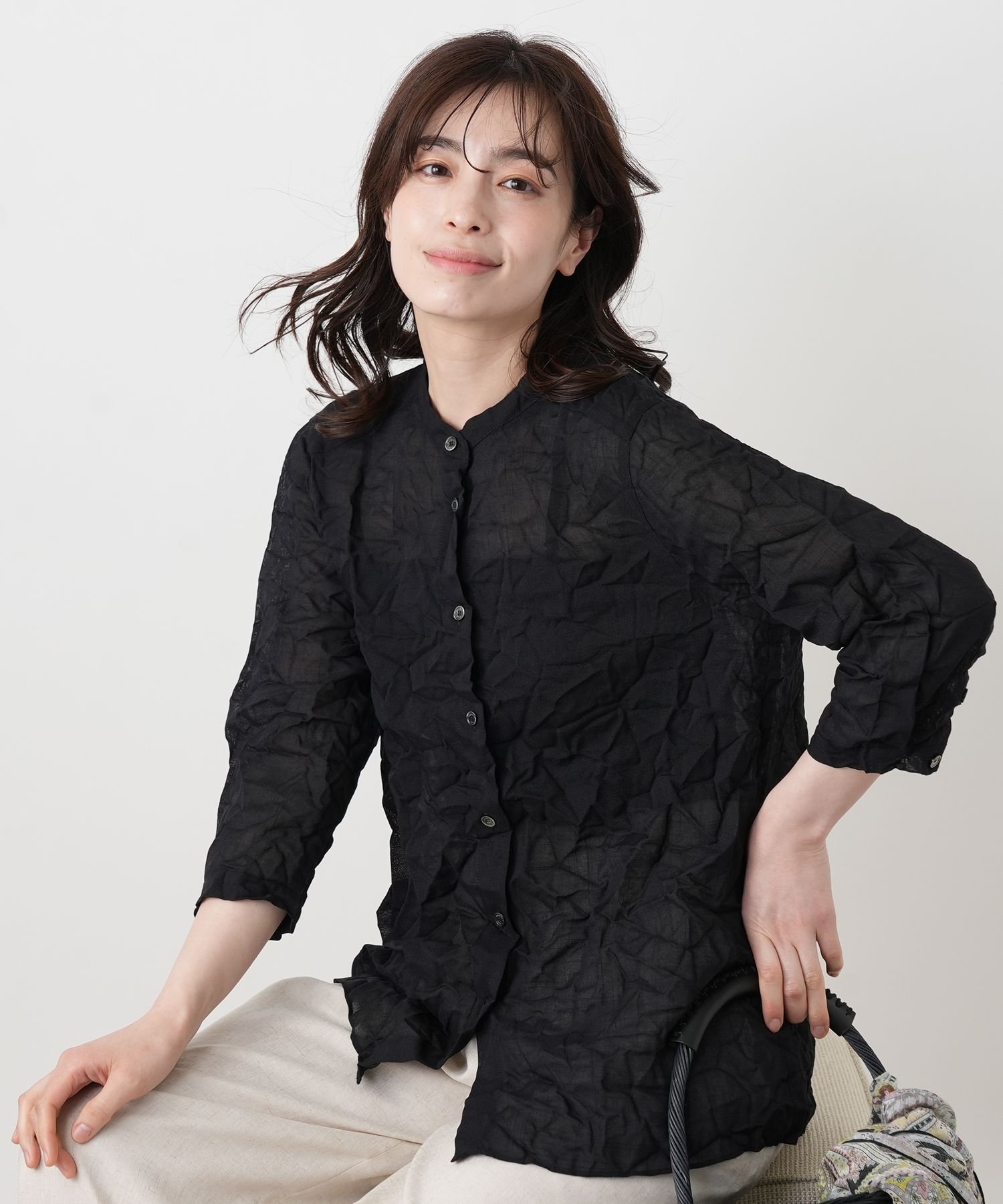Leilian シワ加工バンドカラーブラウス【ROCHAS Premiere】 レリアン トップス シャツ・ブラウス ベージュ ネイビー【送料無料】