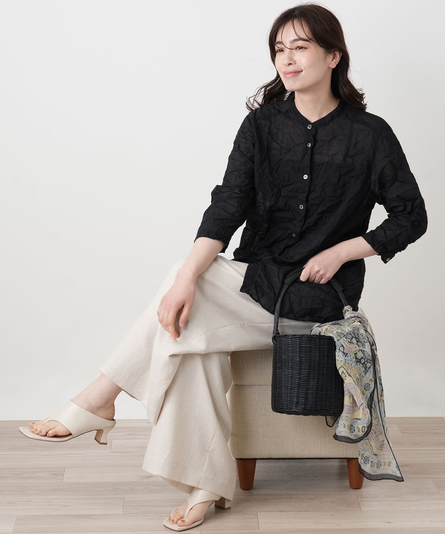 Leilian シワ加工バンドカラーブラウス【ROCHAS Premiere】 レリアン トップス シャツ・ブラウス ベージュ ネイビー【送料無料】