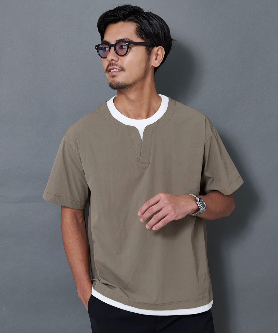 SB select BENUSTA/ベヌスタ フェイクレイヤード 半袖シャツ シルバーバレット トップス カットソー・Tシャツ ホワイト グリーン
