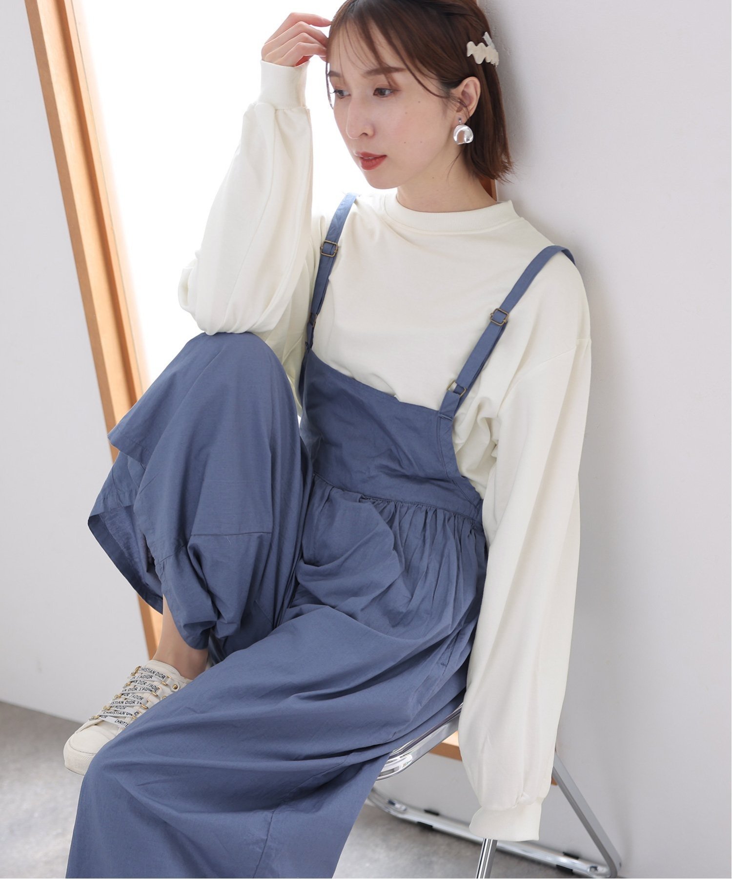 PourVous 袖ぷっくりスリーブプルオーバーカットソーきれいめトップス長袖七分袖ブラウス プールヴー ..