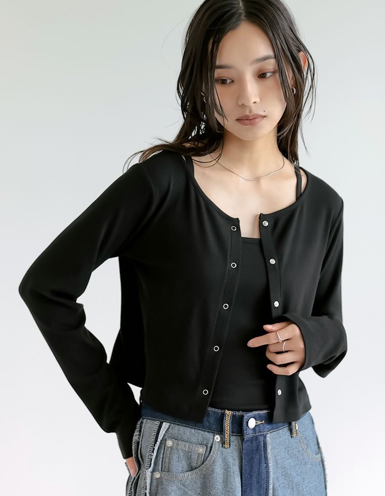 Re:EDIT リブカットソーキャミ*カーディガン リエディ トップス カットソー・Tシャツ ホワイト ブラック