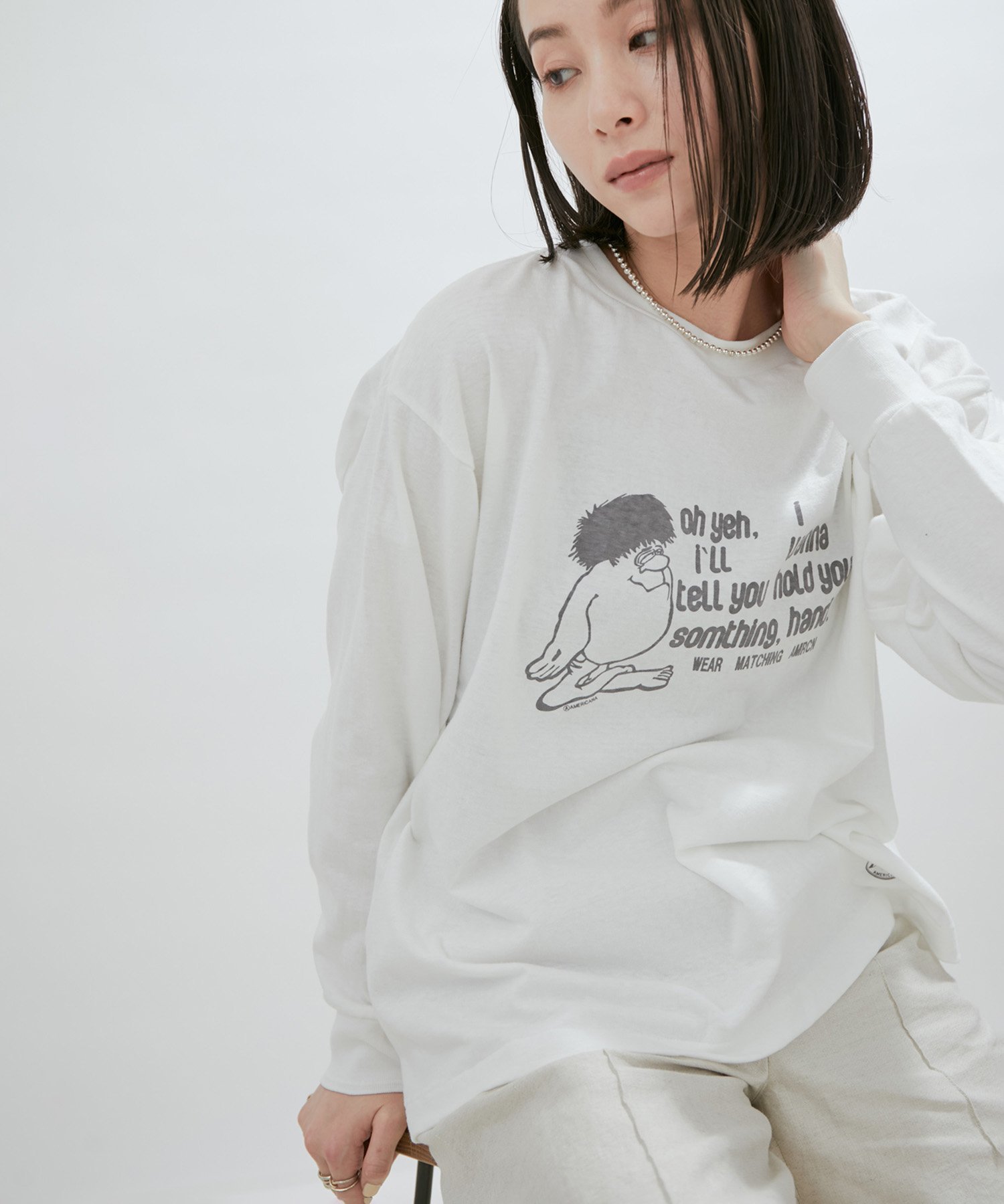 【SALE／50%OFF】SALON adam et rope' 【Americana(アメリカーナ)】クルーネックプリントロングTシャツ サロン アダム エ ロペ トップス カットソー・Tシャツ ホワイト ネイビー【送料無料】