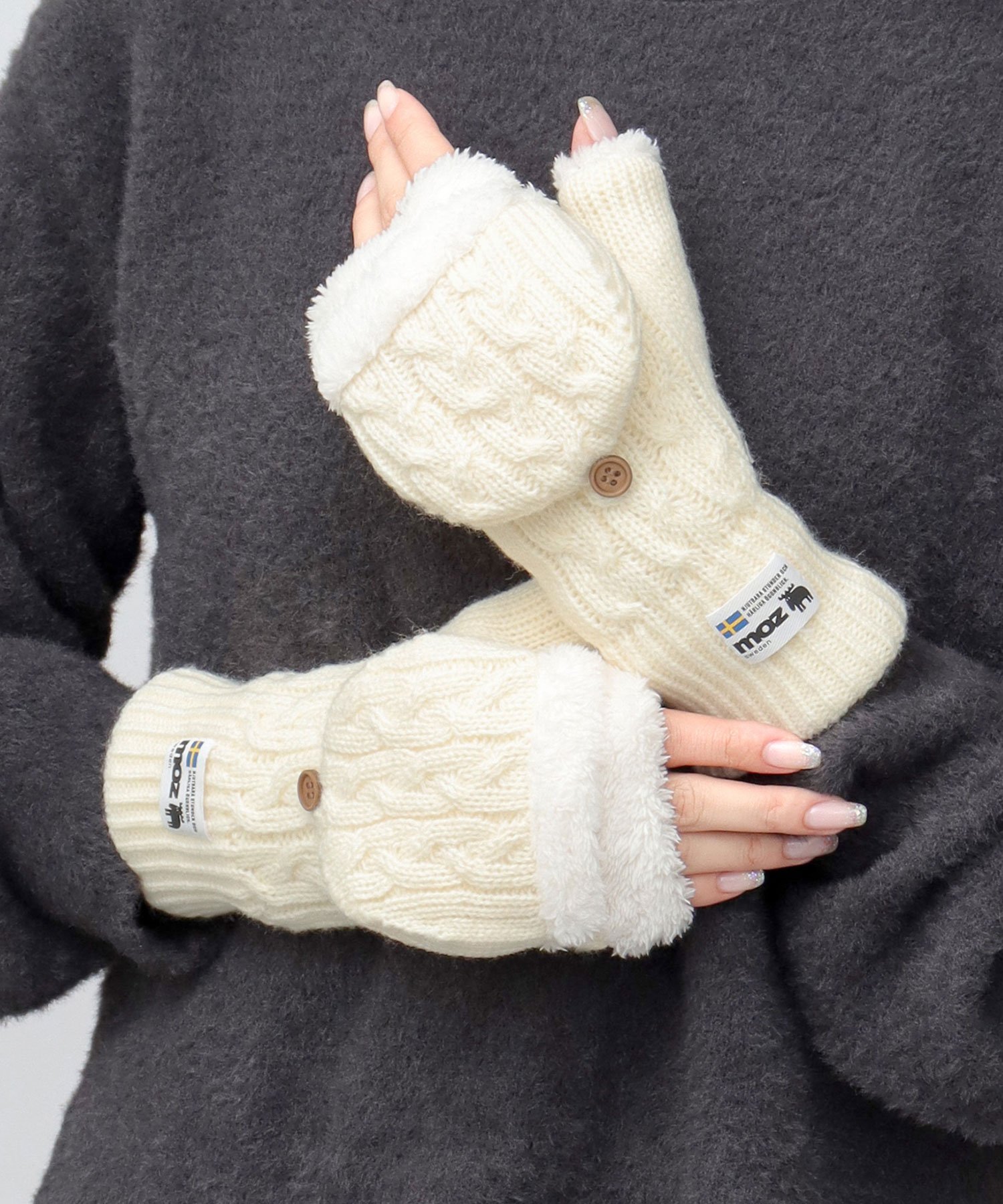 moz moz モズ 手袋 レディース ミトン ミトングローブ 手ぶくろ ニット 指なし エー.エム.エス. ファッション雑貨 手袋 ホワイト グレー