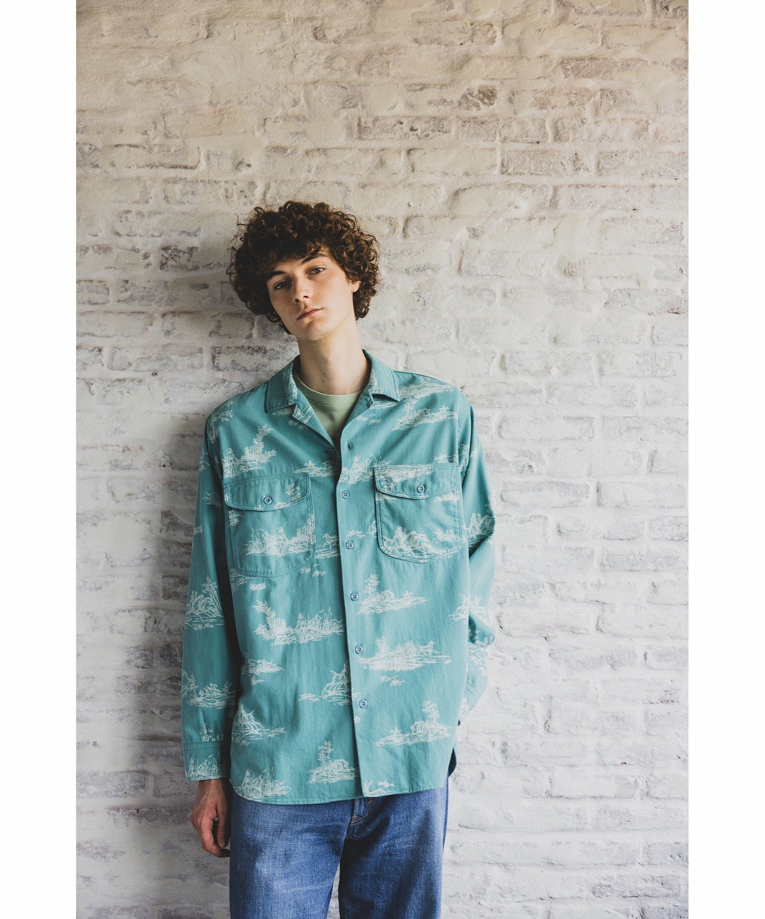 WORK Classic-fit Denim Discharge Jouy Print ビームス アウトレット トップス シャツ・ブラウス グリーン ネイビー