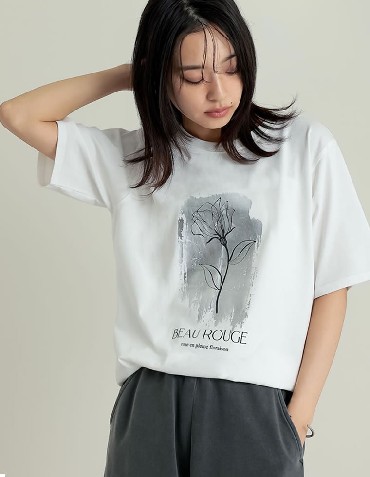 【SALE／60%OFF】Re:EDIT 接触冷感・UV天竺箔フラワーTシャツ リエディ トップス カットソー・Tシャツ ホワイト ブラック グレー stylife-15052000 Rakuten Fashion サンプル画像2