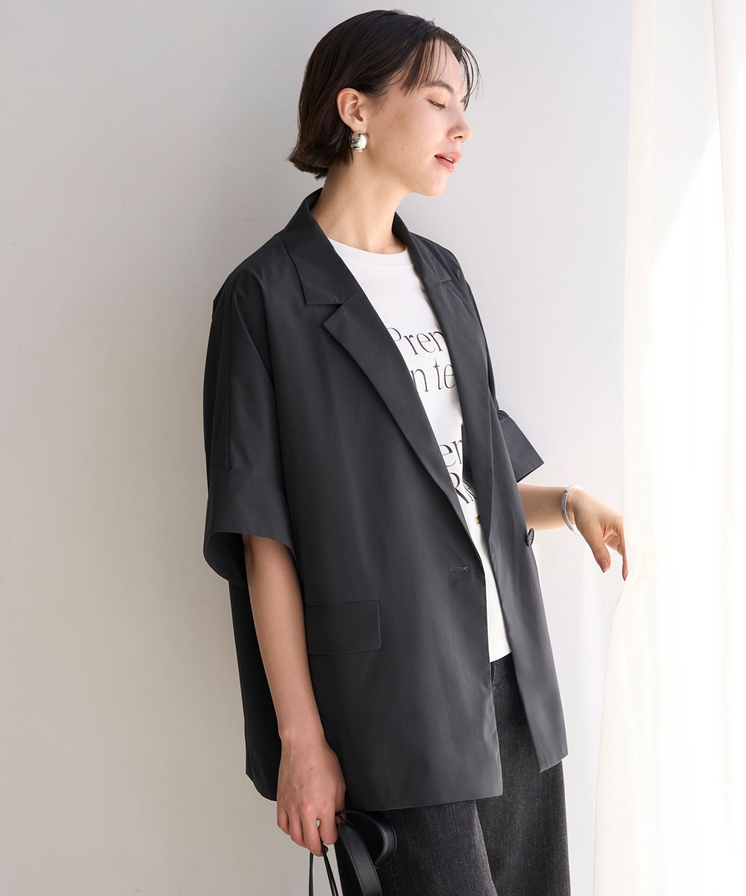 【SALE／30%OFF】UNFILO 【mi-molletコラボ】FINE MOVE ハーフスリーブジャケット アンフィーロ ジャケット・アウター テーラードジャケット・ブレザー グレー ブラック【送料無料】