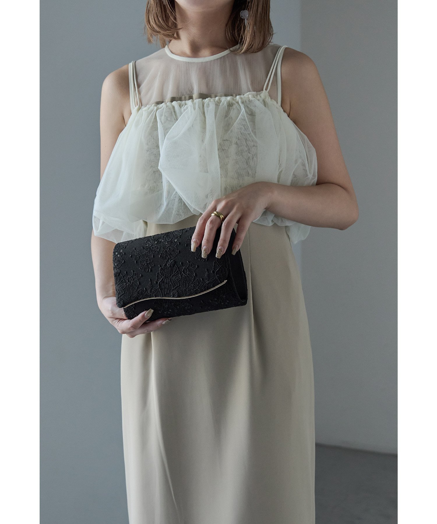 niana スパンコールレース刺繍レースクラッチバッグ パーティーバッグ ミニ ショルダー ビーフラット バッグ クラッチバッグ ベージュ ブラック