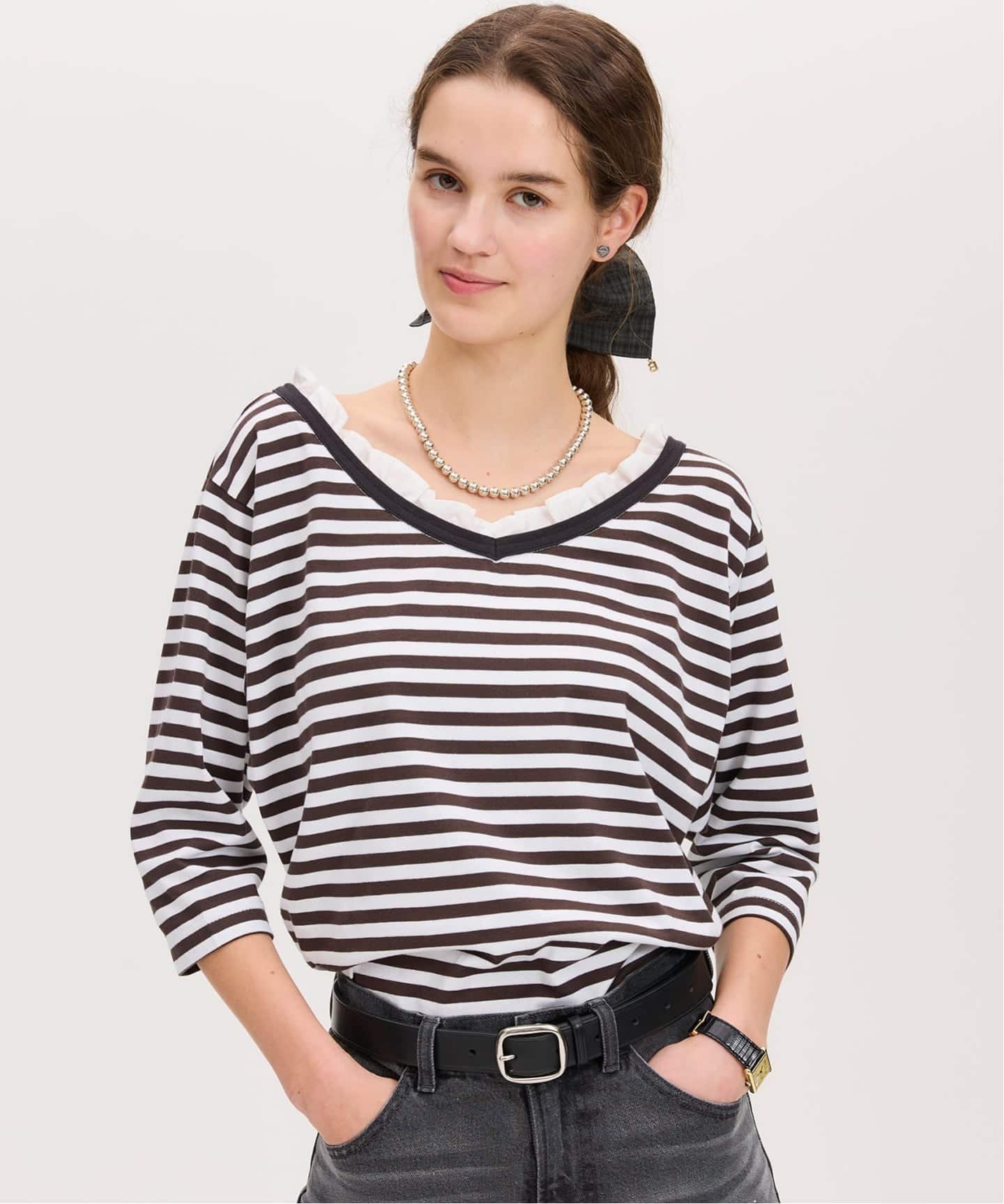 IENA BLACK フリル付きボーダーカットソー イエナ トップス カットソー・Tシャツ グレー ブラウン