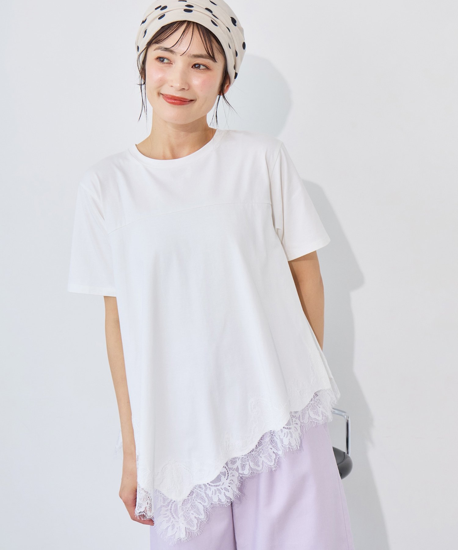 le.coeur blanc 裾レースイレヘムカットソー ルクールブラン トップス カットソー・Tシャツ ブラック ホワイト