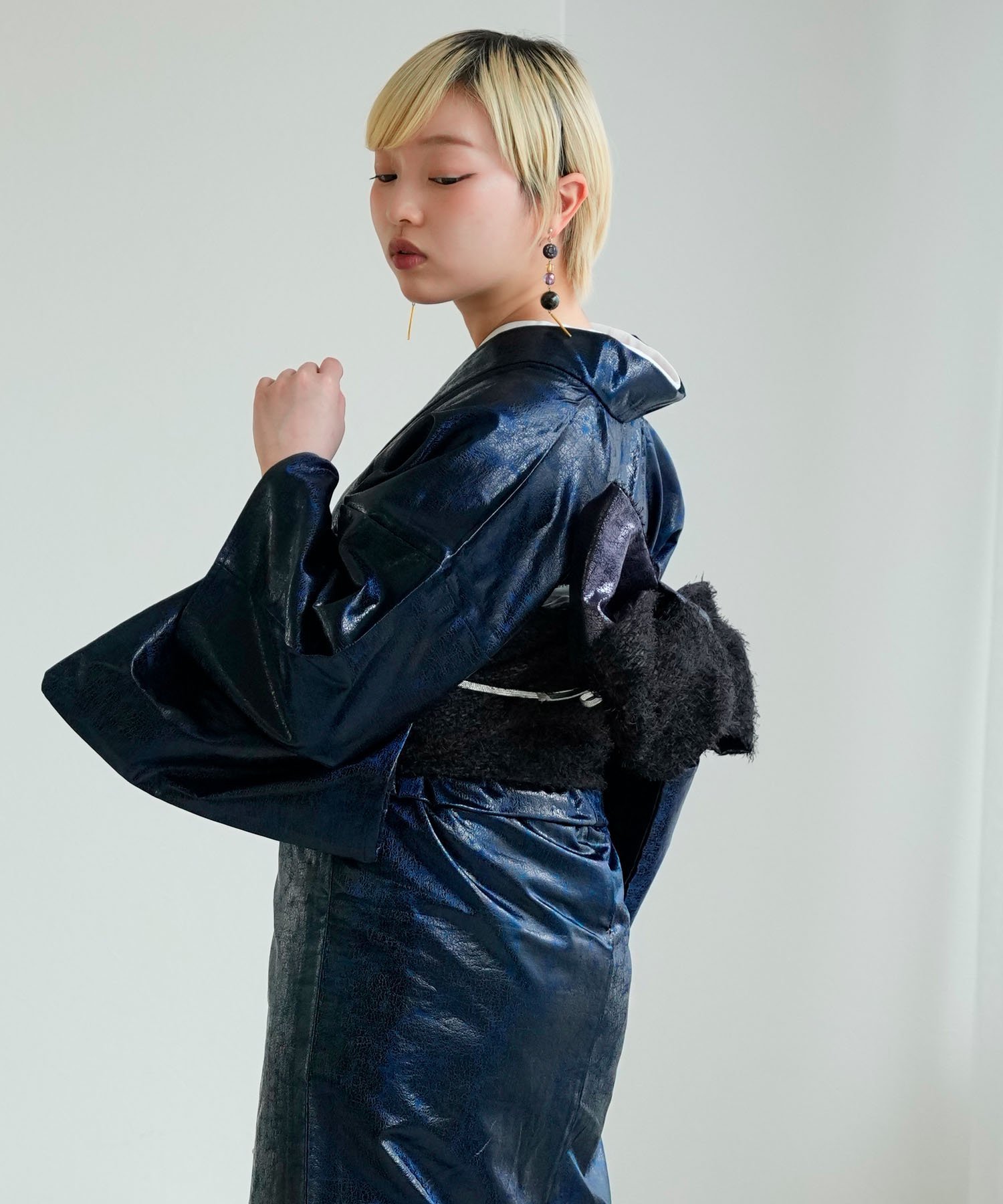 Nico@ntique ニコアンティーク 単衣着物 レザー調きもの ネイビー*黒 ウタタネ 着物・浴衣・和装小物 着物 ネイビー【送料無料】