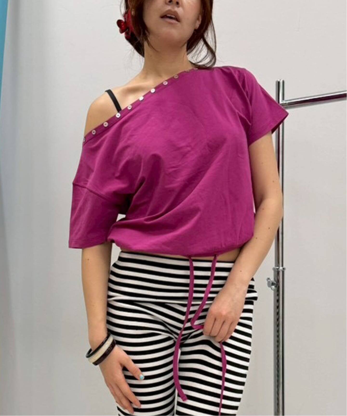 Oriens JOURNAL STANDARD ボタンオフショルダーTシャツ オリエンス ジャーナルスタンダード トップス カットソー・Tシャツ ネイビー グリーン パープル