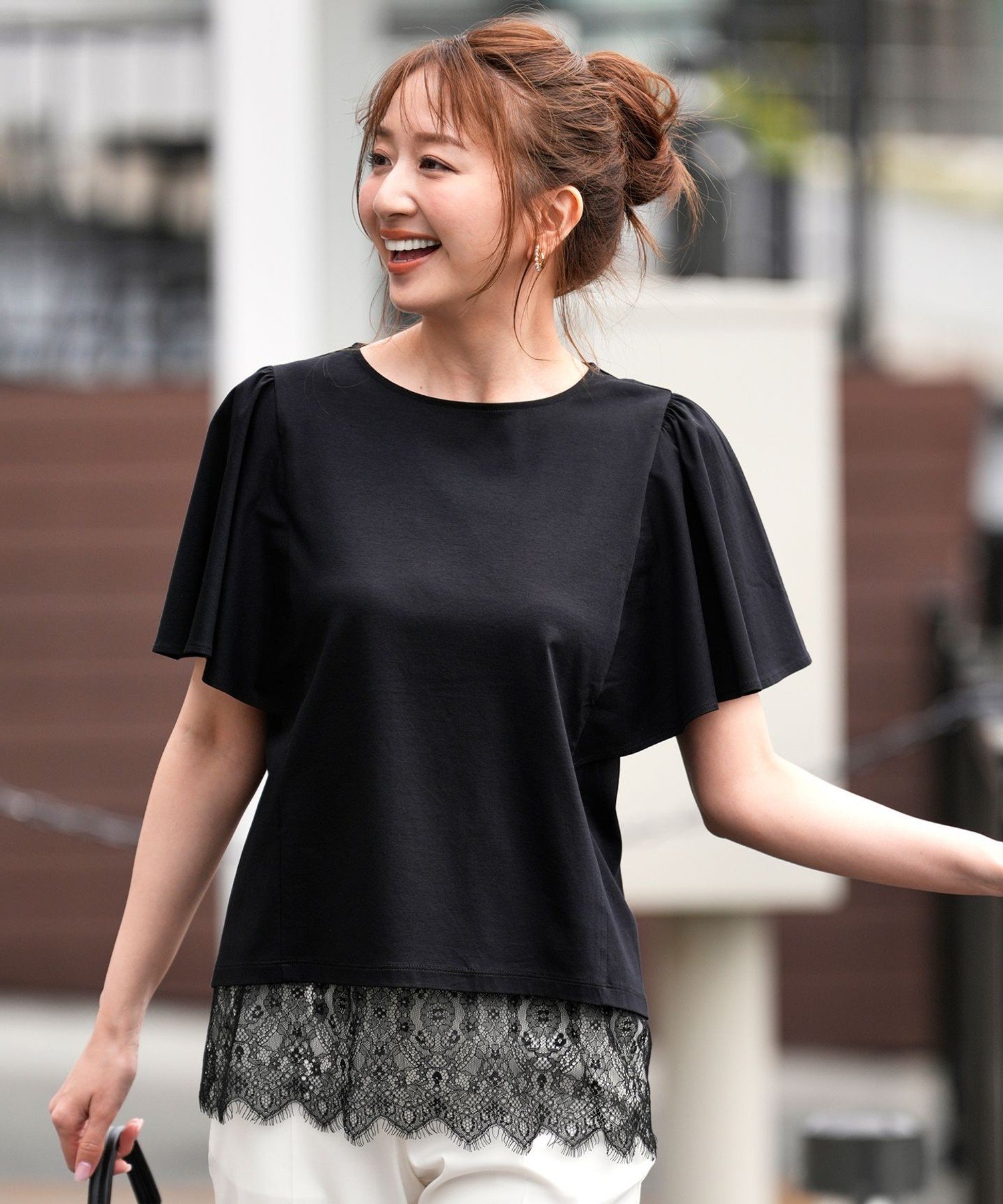 S 【シルクタッチさら魅せTシャツ】袖フレア プルオーバー エニィスィス トップス カットソー・Tシャツ ホワイト オレンジ ブラック ブラウン パープル