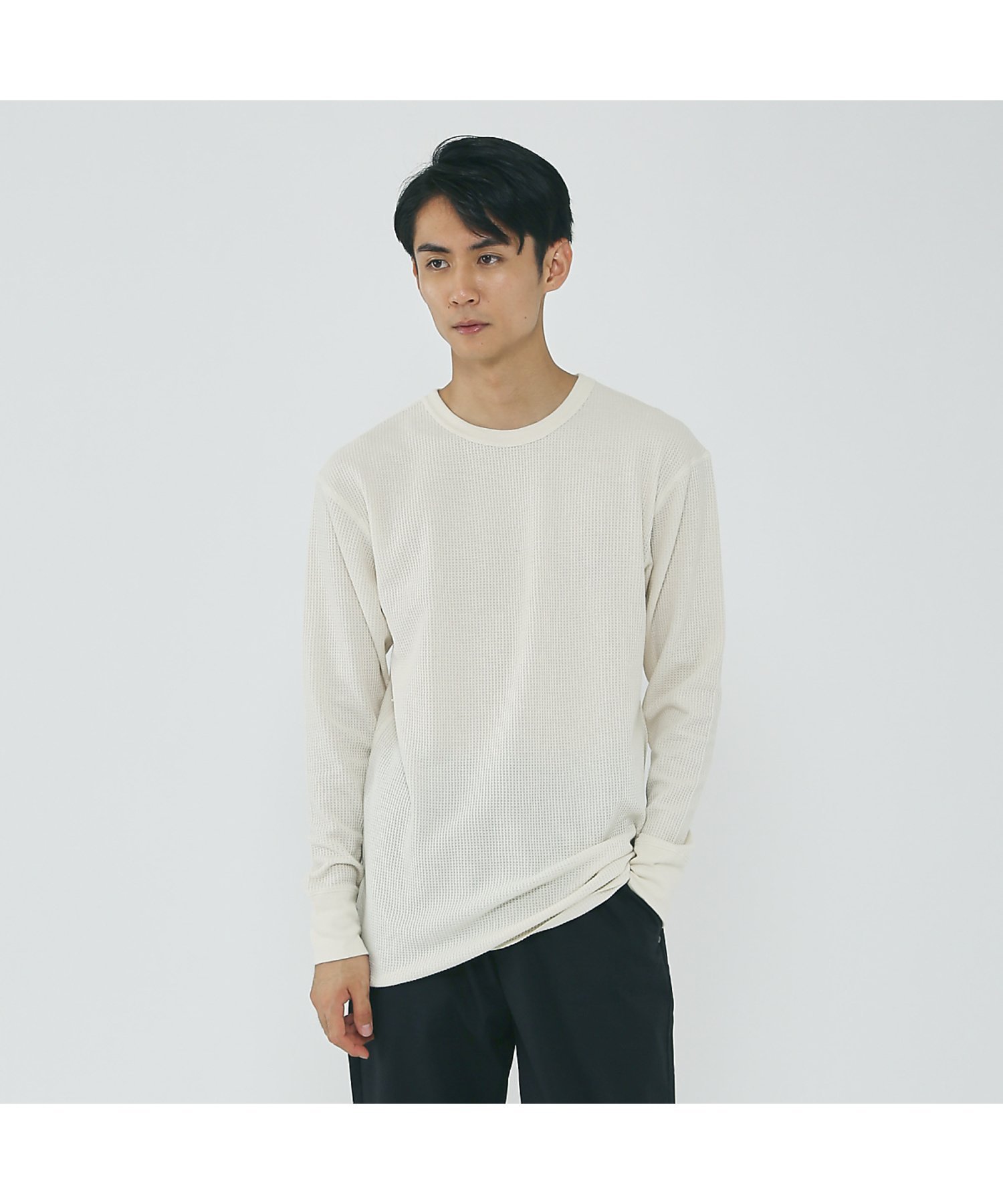【JEMORGAN/ジェーイーモーガン】ワッフル クルーネック ロングスリーブ アバハウス トップス カットソー・Tシャツ グレー ホワイト ネイビー カーキグリーン ブラック
