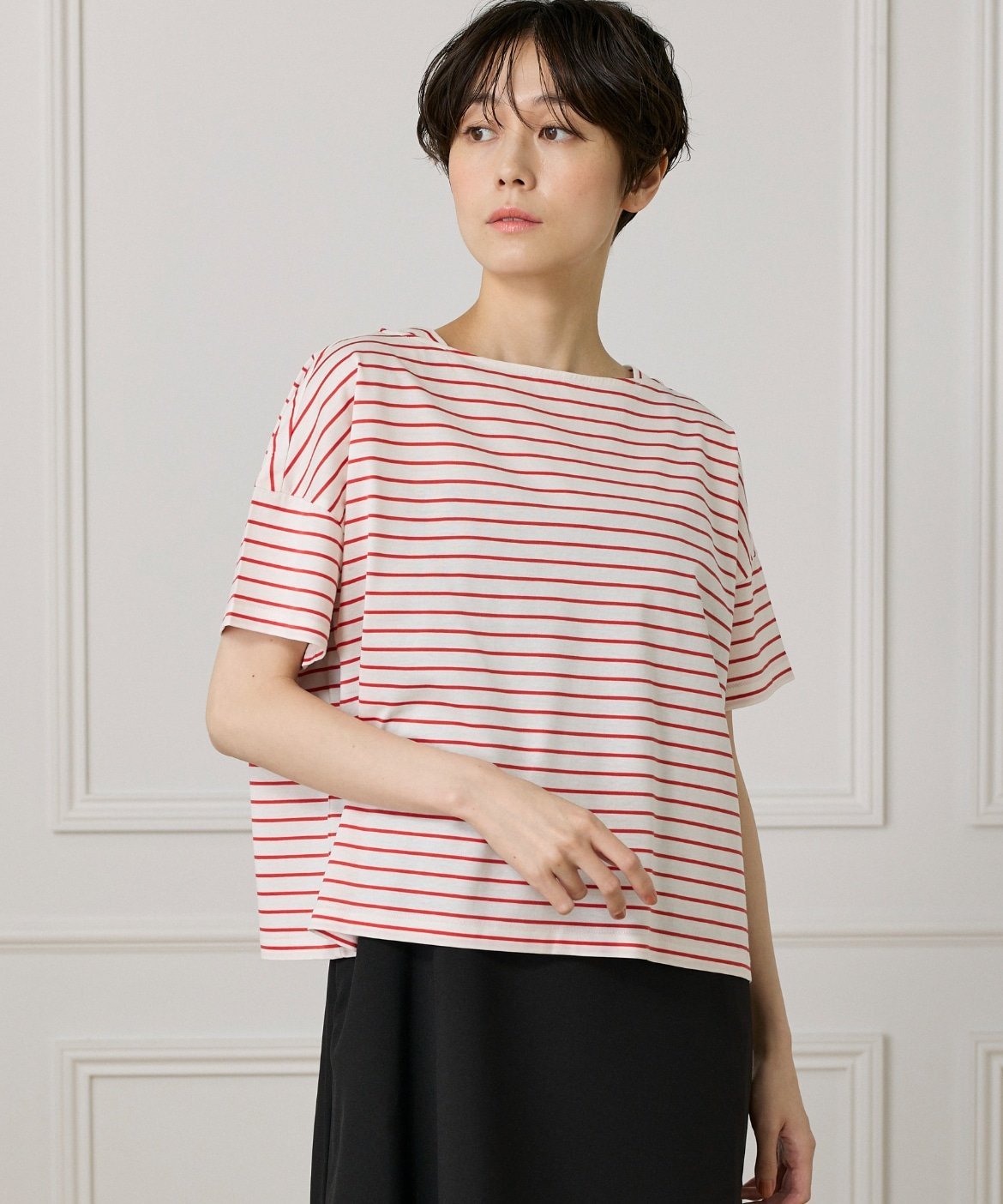 I.T.'S. international ボートネックボーダーカットソー イッツインターナショナル トップス カットソー・Tシャツ レッド ブルー ブラック ホワイト