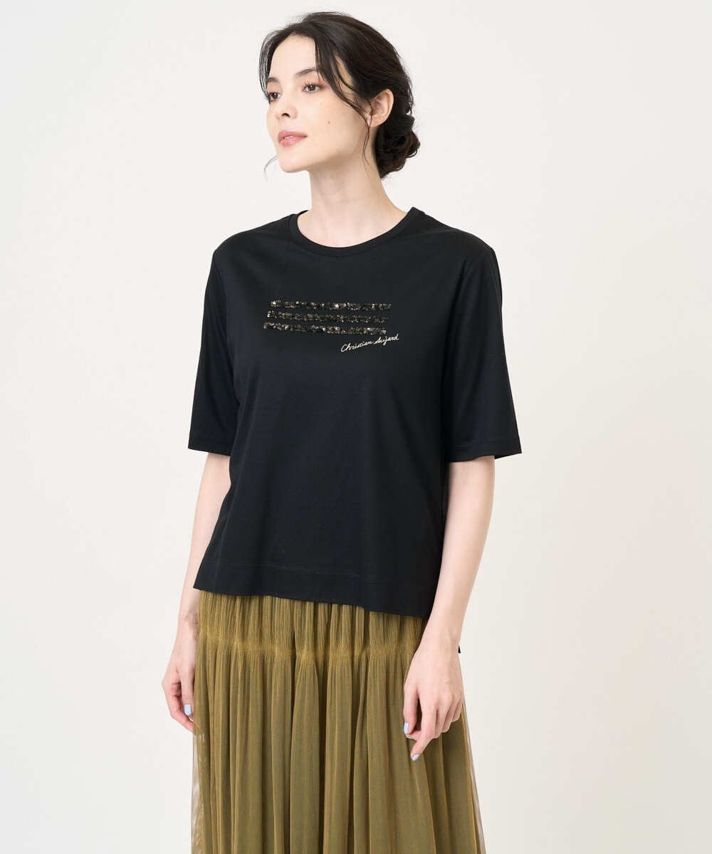 Lサイズ 【大きいサイズ】スパンコール刺繍Tシャツ クリスチャン・オジャール エルサイズ トップス カットソー・Tシャツ ブラック ホワイト