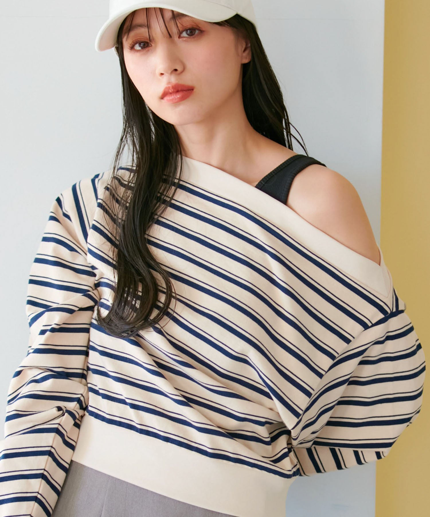 VIS マルチボーダーオフショルトップス ビス トップス カットソー・Tシャツ ブラウン ホワイト