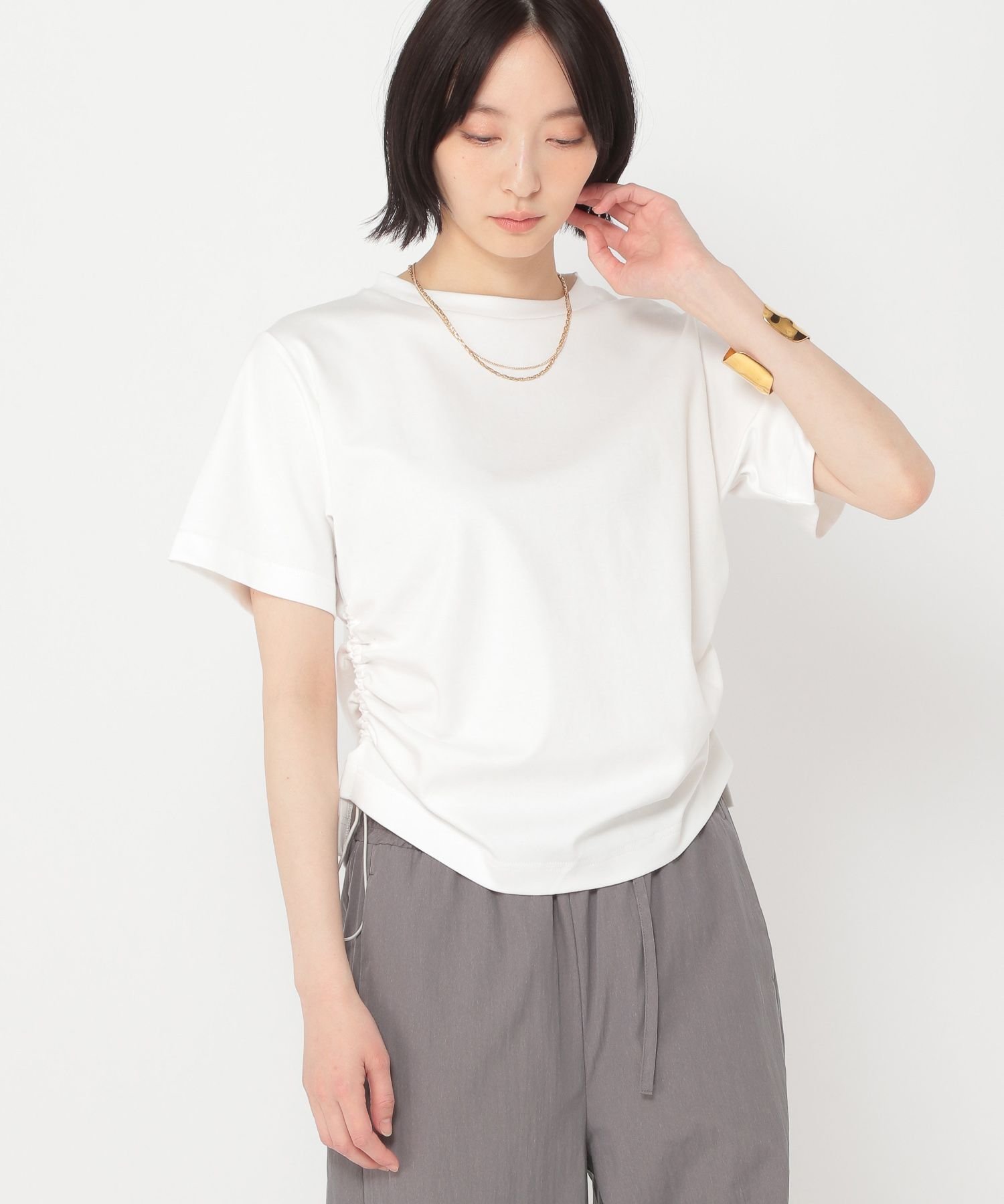【daily CLIP】サイドドロストTシャツ スタディオクリップ トップス カットソー・Tシャツ グレー ブラウン ホワイト ブラック