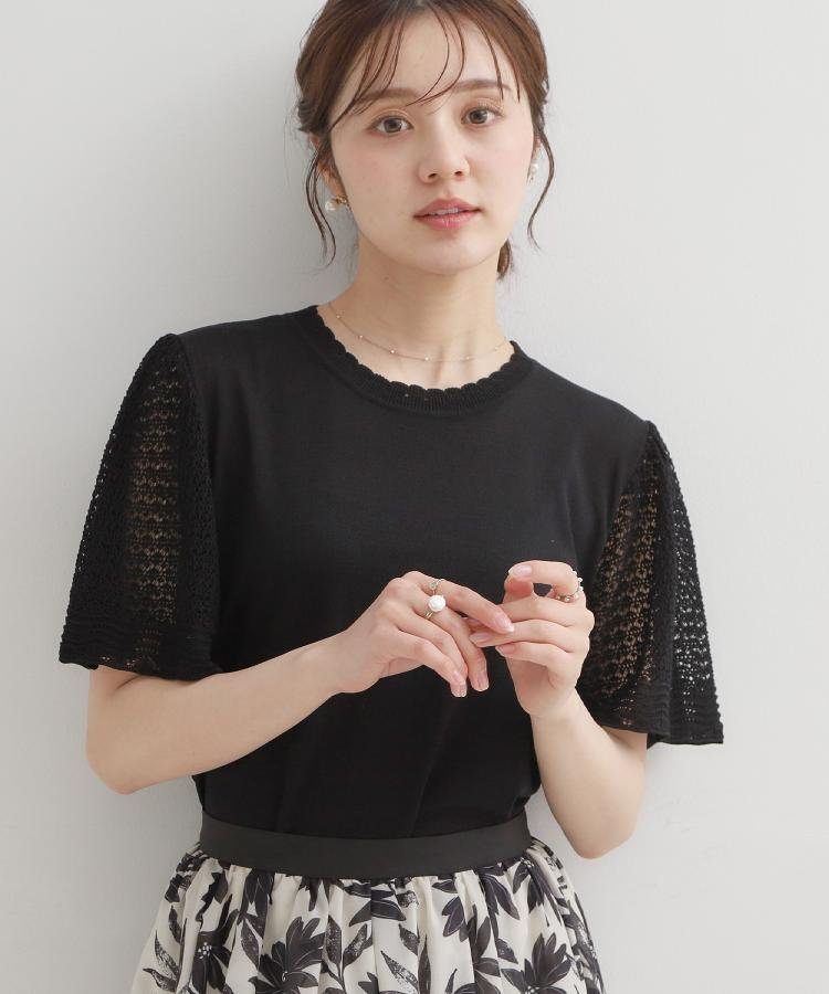Couture Brooch 【アンサンブル可・UVカット・アンチピリング】透かしフレアー袖ニット クチュールブローチ トップス ニット ブラック ホワイト ピンク【送料無料】
