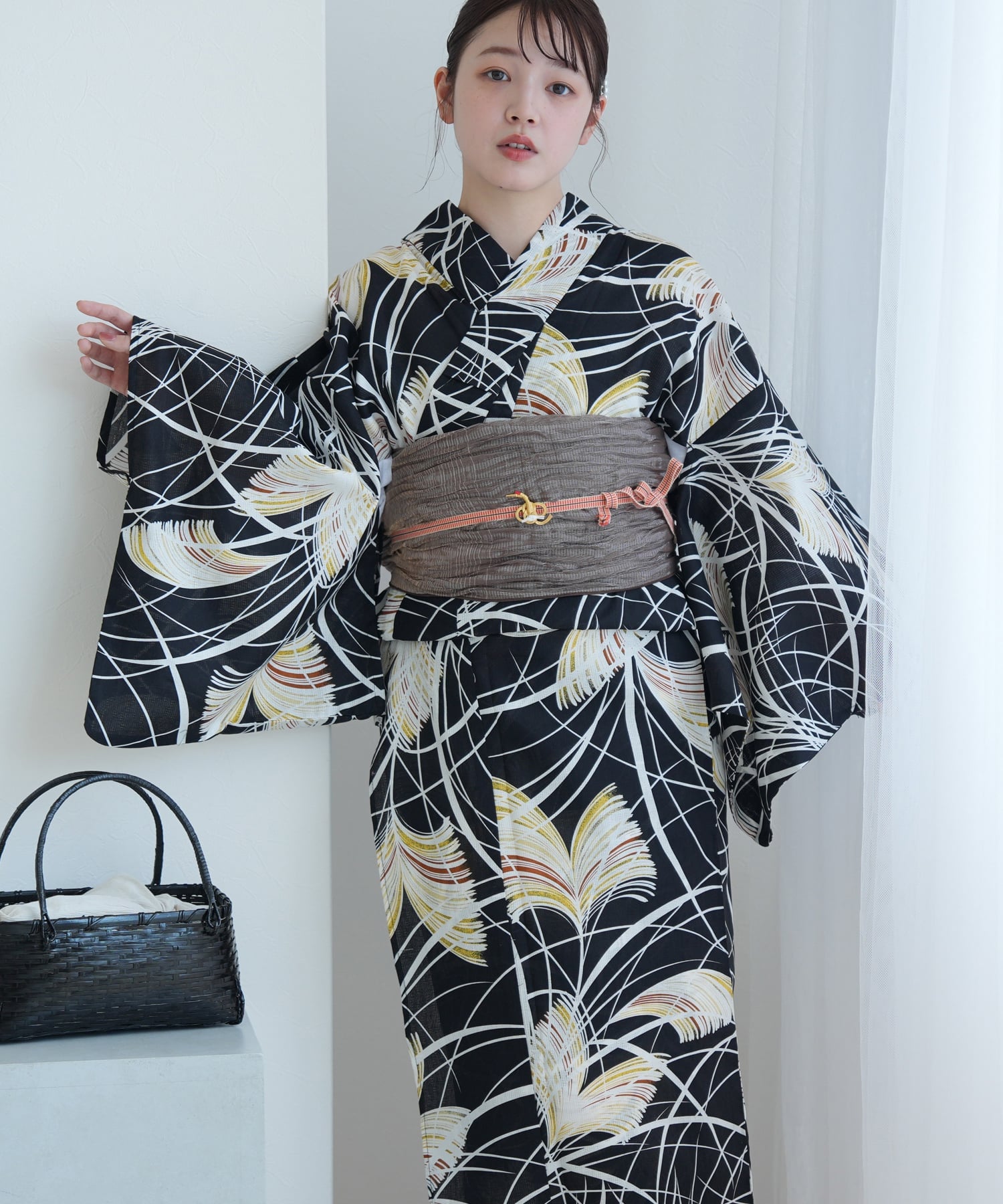 utatane utatane 浴衣 3点セット 黒地に琥珀色のすすき Fサイズ ウタタネ 着物・浴衣・和装小物 浴衣【送料無料】