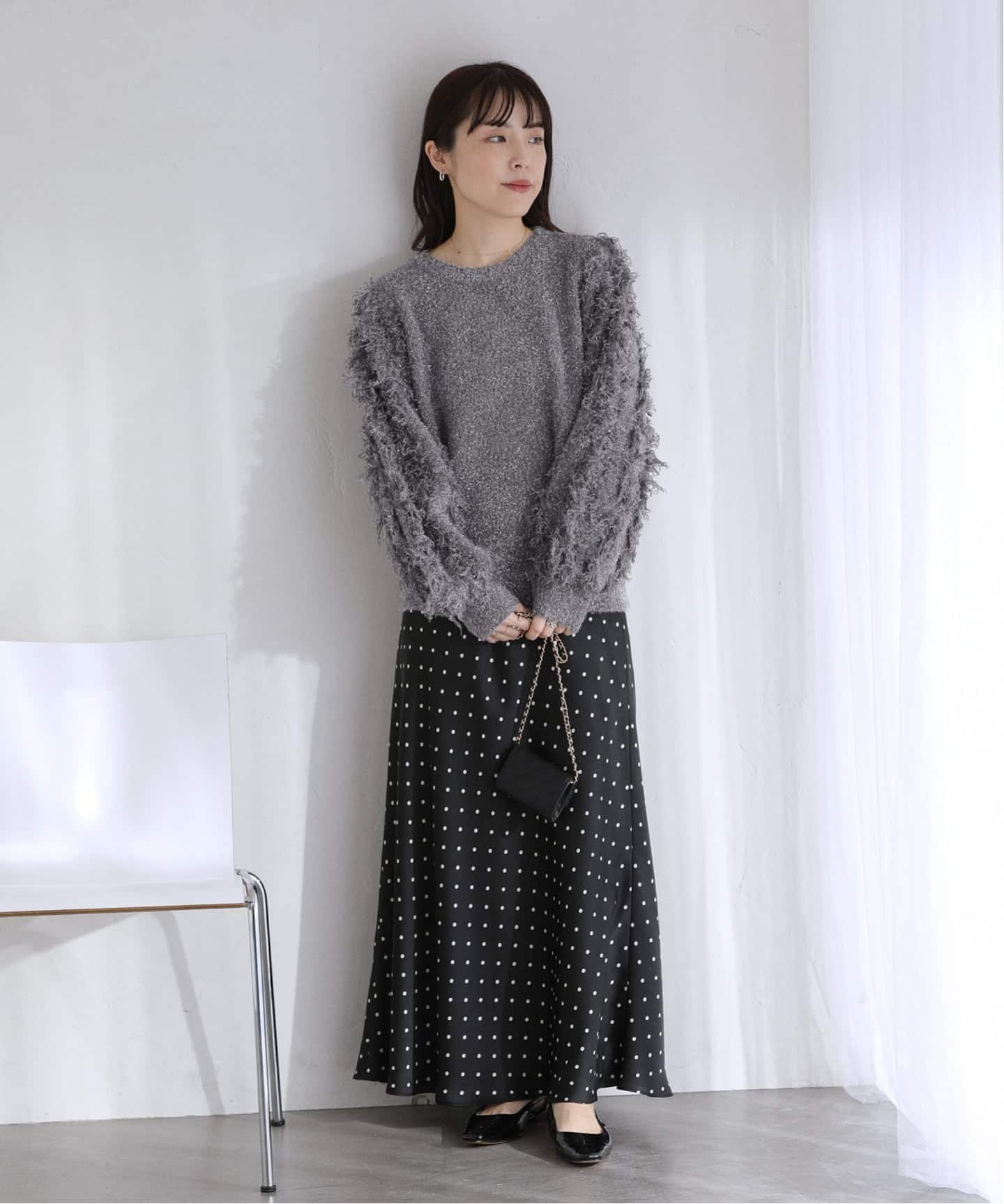 La Totalite 【洗える】ラメジャガードフリンジプルオーバー ラ トータリテ トップス ニット グレー ホワイト