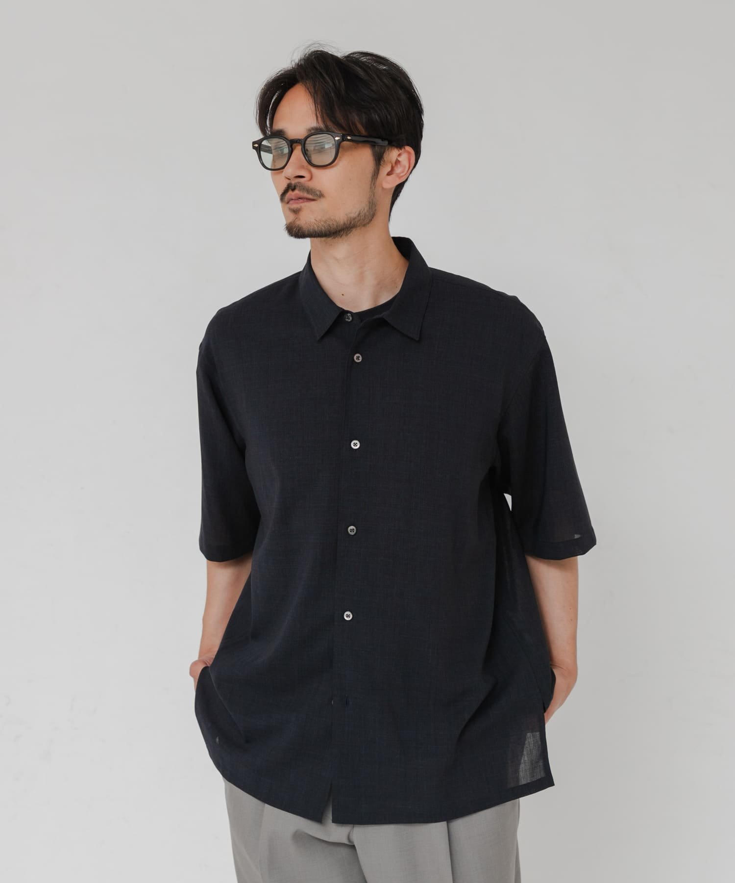 『別注』ATON×URBAN RESEARCH WOOL GAUZE SHORT-SLEEVE SHIRTS アーバンリサーチ トップス シャツ・ブラウス ネイビー グレー