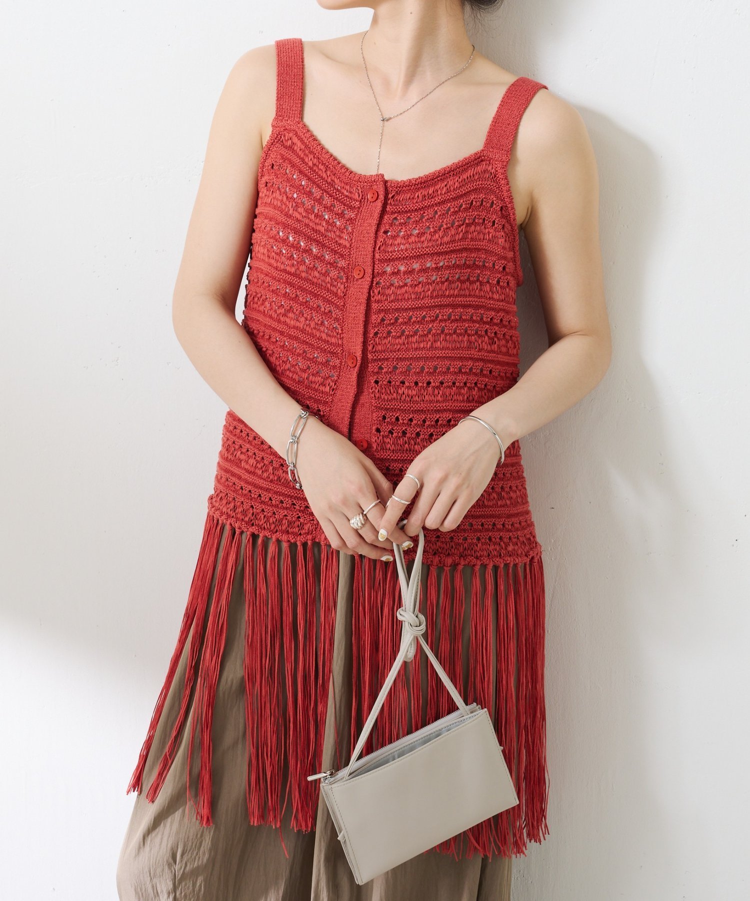 【SALE／30%OFF】COLLAGE GALLARDAGALANTE 【前後2WAY】フリンジニットキャミ コラージュガリャルダガランテ トップス ノースリーブ・タンクトップ ホワイト ピンク【送料無料】