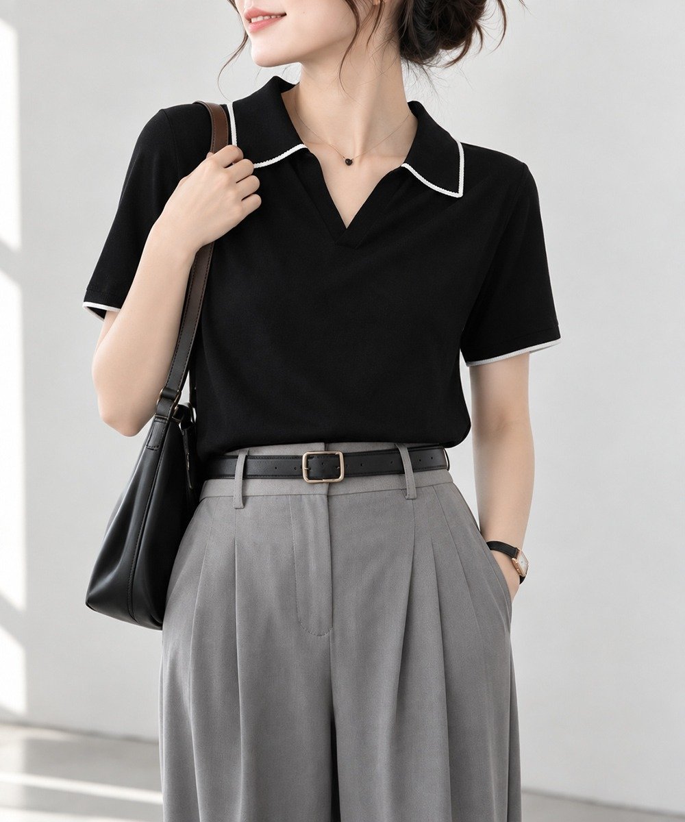 miniministore 半袖 ポロシャツ レディース ニット夏服 ミニミニストア トップス カットソー・Tシャツ ブラック ホワイト