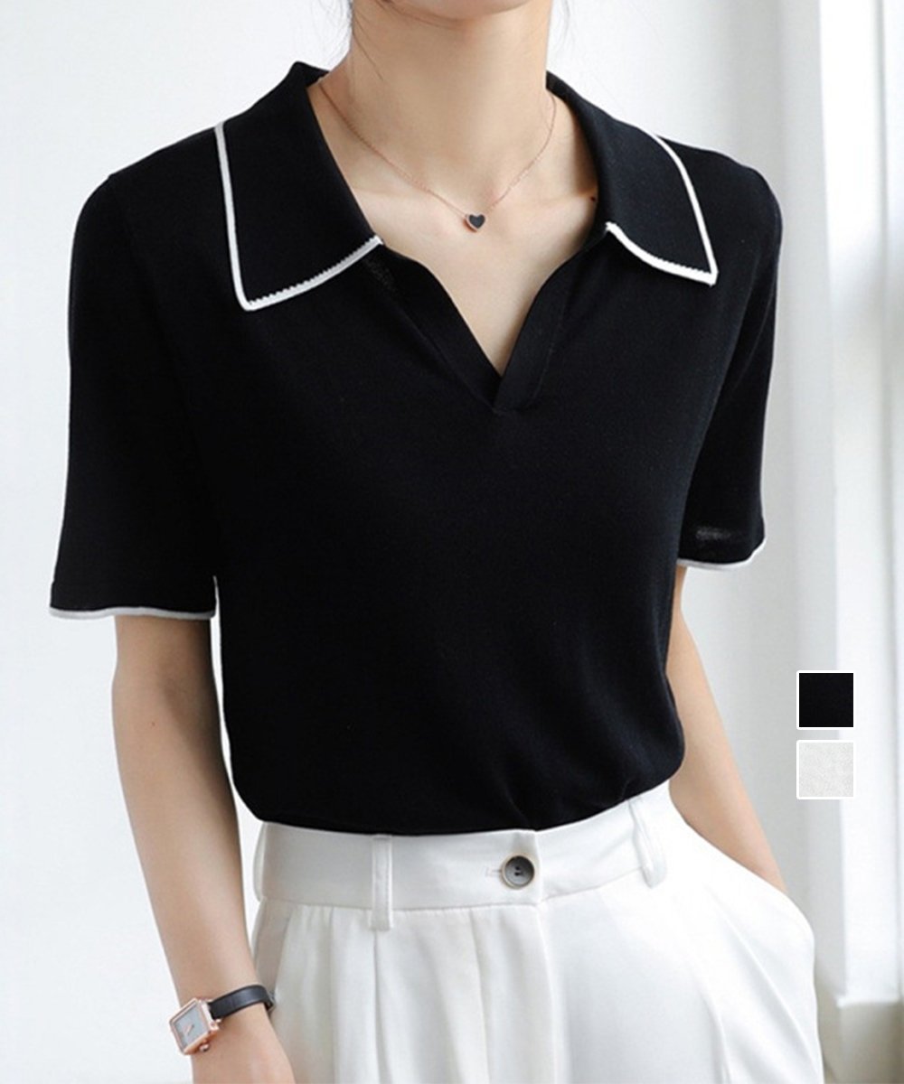 miniministore 半袖 ポロシャツ レディース ニット夏服 ミニミニストア トップス カットソー・Tシャツ ブラック ホワイト