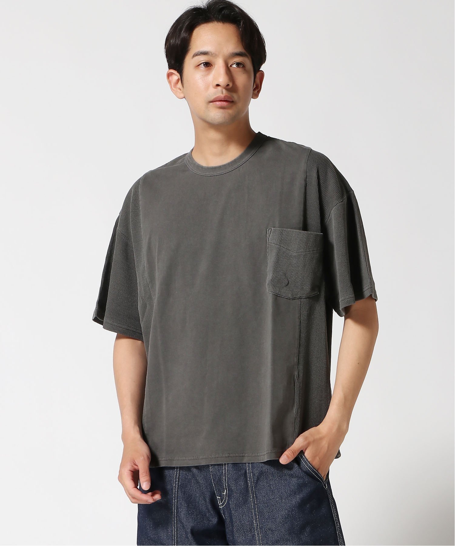 gym master gym master/(U)ピグメントワッフル切替ビッグTee ジムマスター トップス カットソー・Tシャツ ベージュ ネイビー グレー グリーン