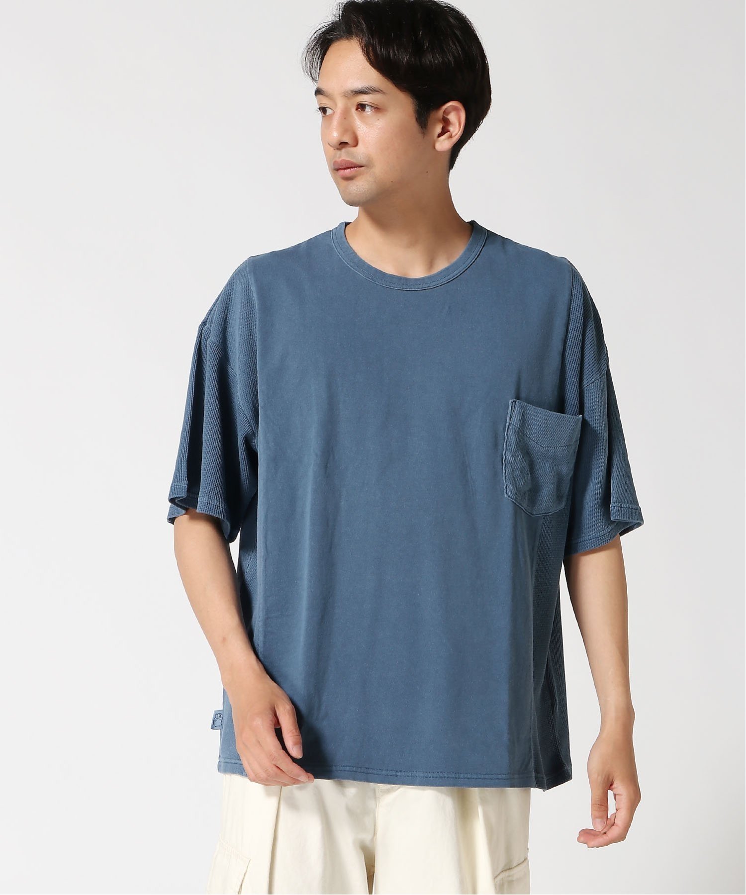 gym master gym master/(U)ピグメントワッフル切替ビッグTee ジムマスター トップス カットソー・Tシャツ ベージュ ネイビー グレー グリーン