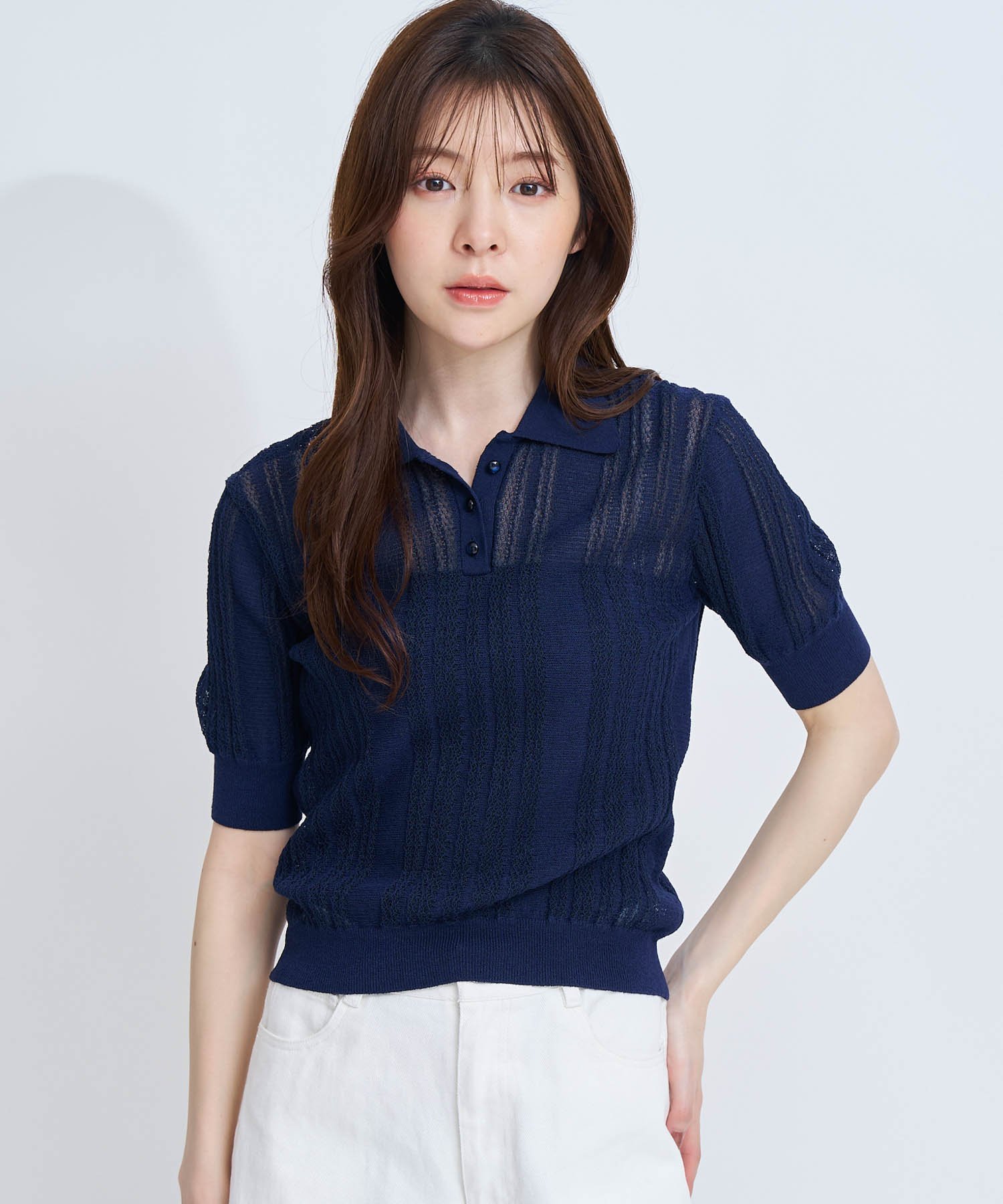 Noela シアーリブポロニット ノエラ トップス ニット ネイビー ホワイト